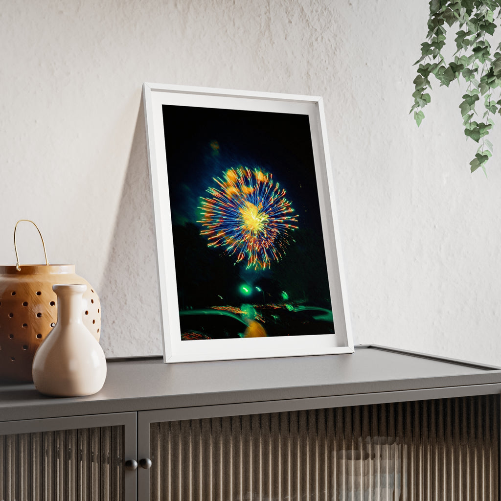 Framed Firework Art Print — Colorful Abstract Night Sky Poster with Wooden Frame
