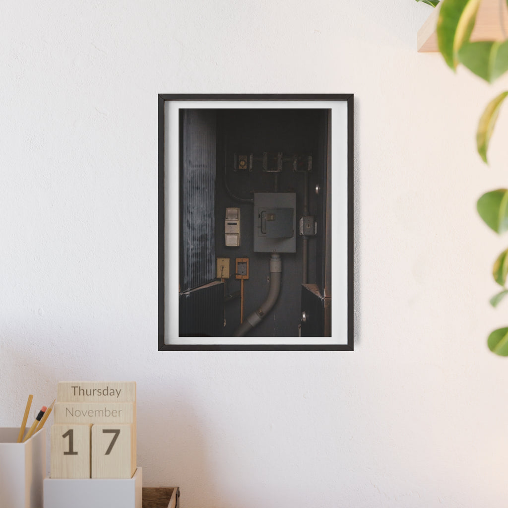 Industrial Electrical Box Poster with Wooden Frame — Urban Utility Wall Art