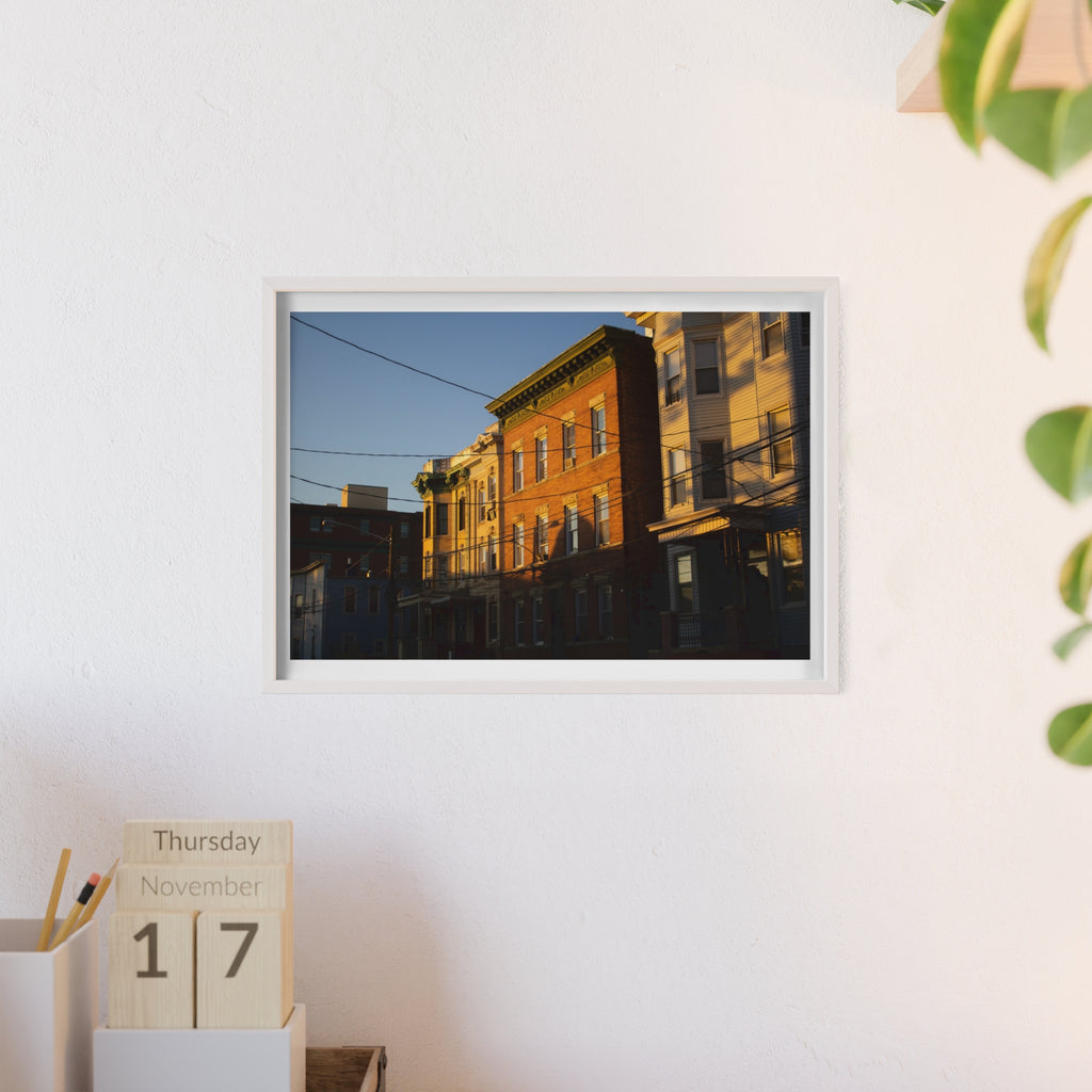 Framed Urban Rowhouse Print — Golden Hour City Street Wall Art Poster