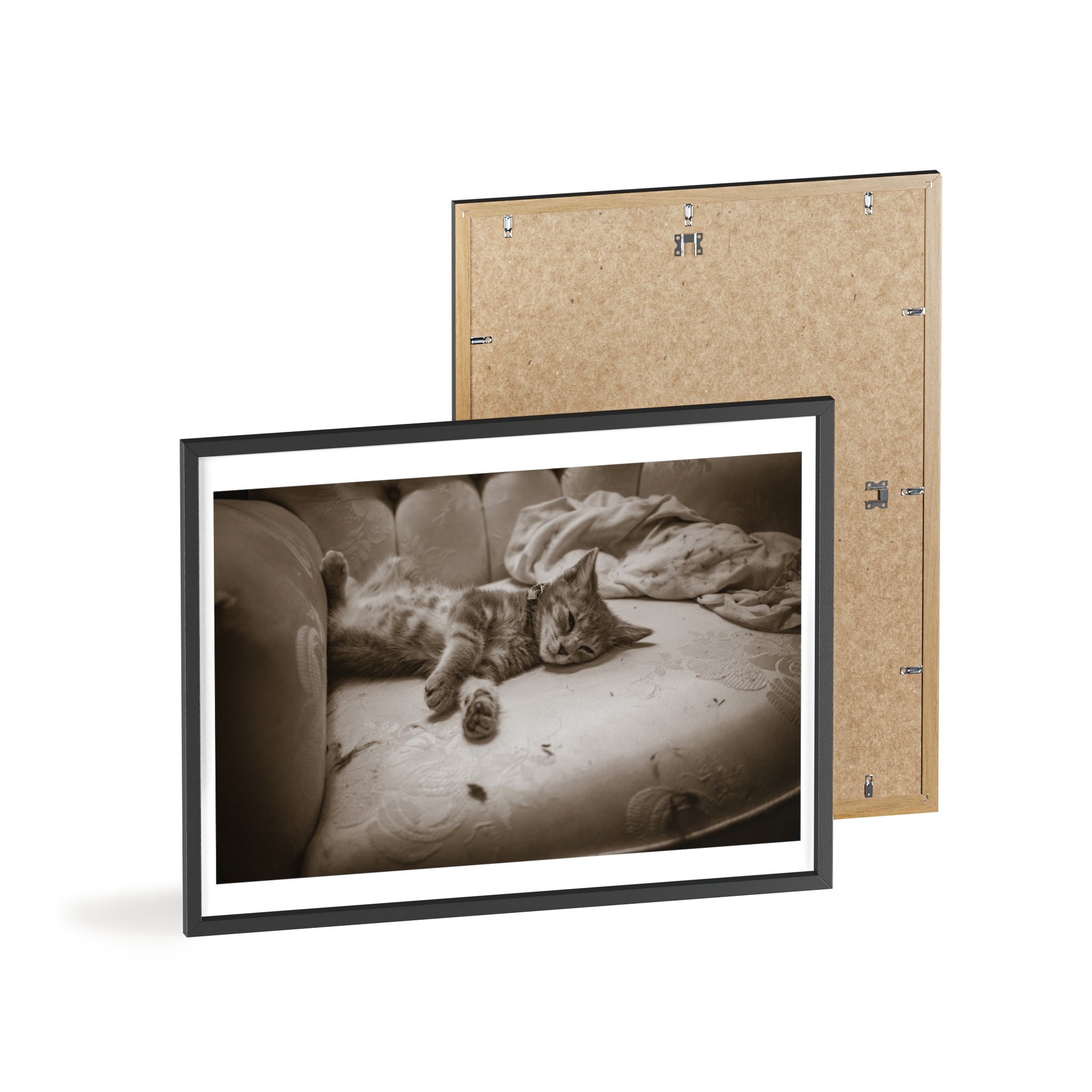 Sepia Cat Photo Poster with Wooden Frame — Vintage Wall Art for Cat Lovers