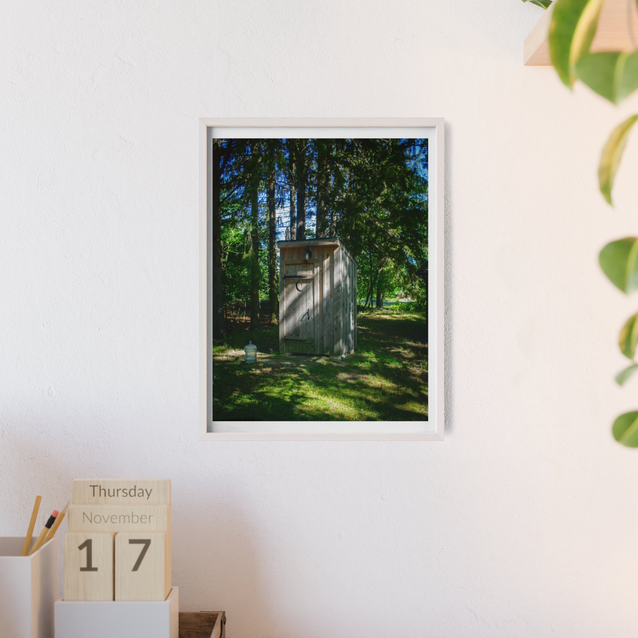 Rustic Forest Outhouse Photo Poster with Wooden Frame — Country Cabin Wall Art