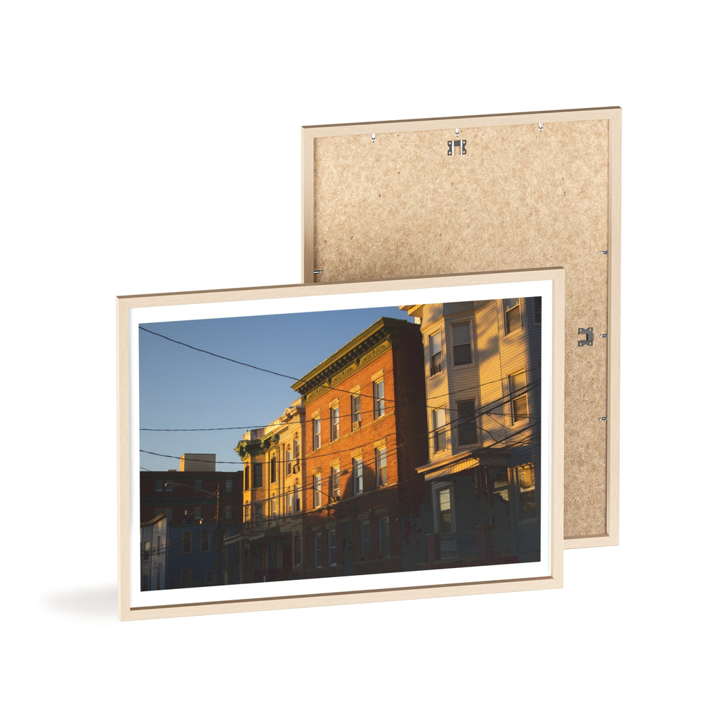 Framed Urban Rowhouse Print — Golden Hour City Street Wall Art Poster