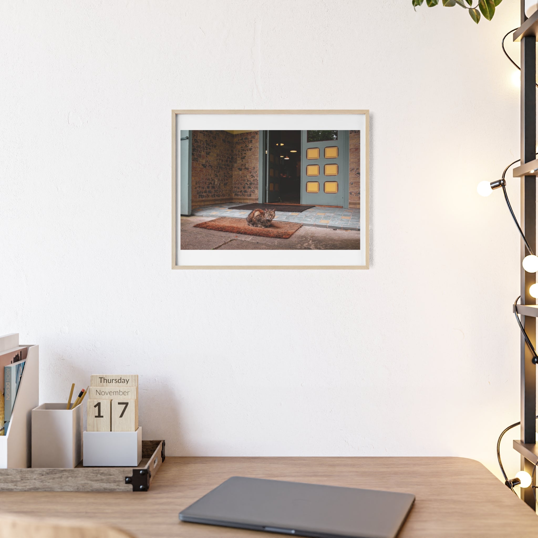 Framed Cat Doorstep Poster — Cozy Urban Entryway Wall Art