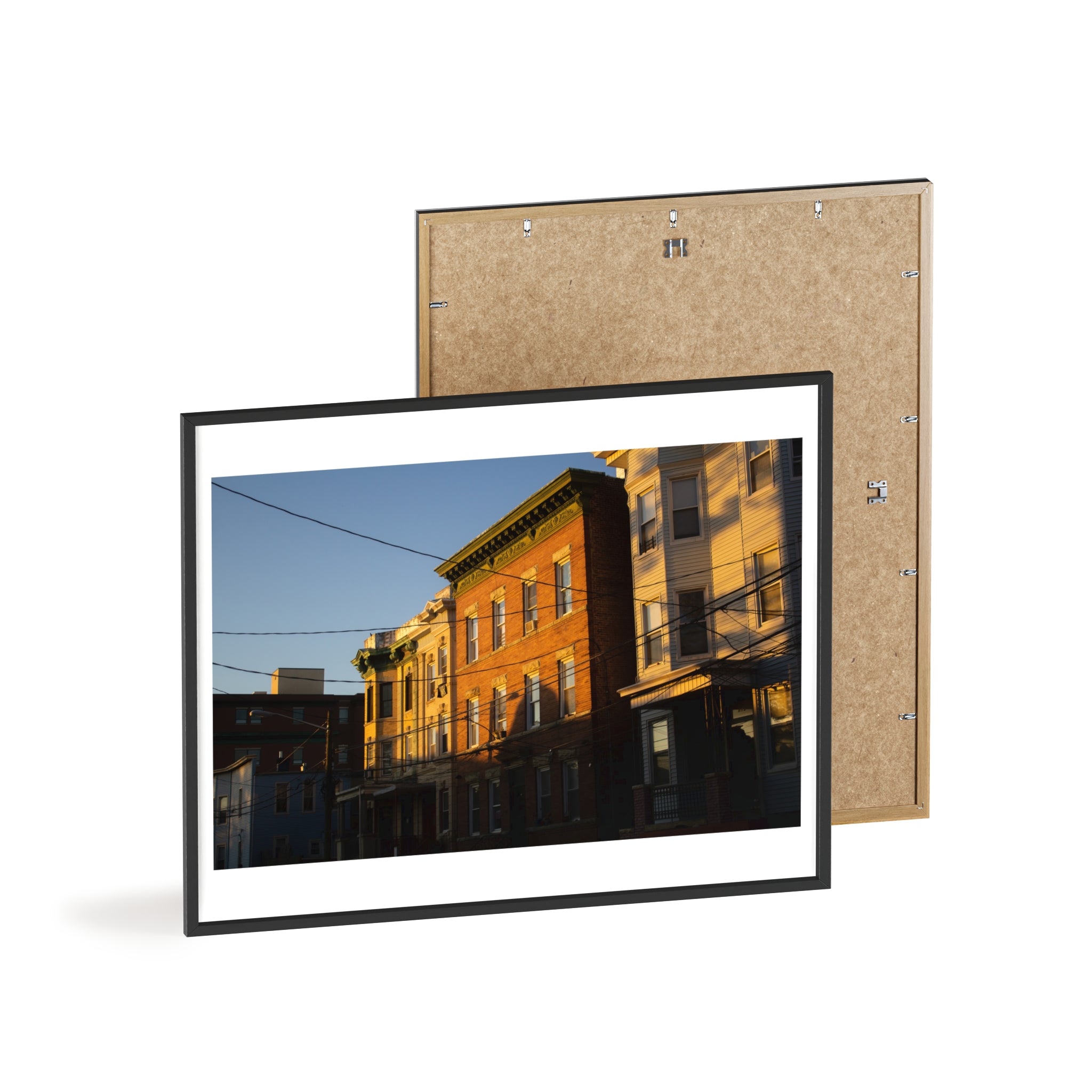 Framed Urban Rowhouse Print — Golden Hour City Street Wall Art Poster