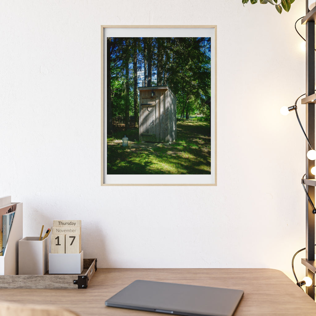 Rustic Forest Outhouse Photo Poster with Wooden Frame — Country Cabin Wall Art