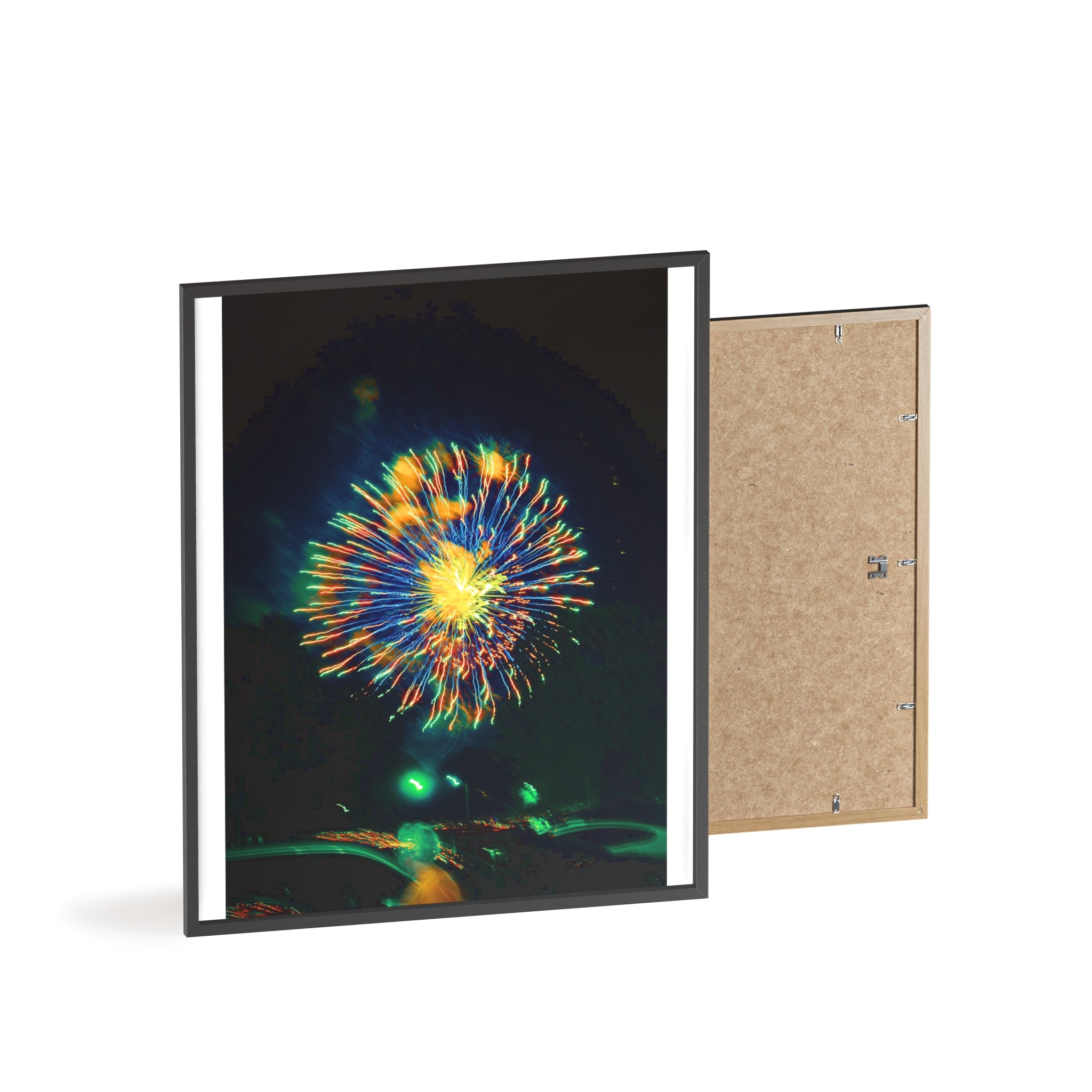Framed Firework Art Print — Colorful Abstract Night Sky Poster with Wooden Frame