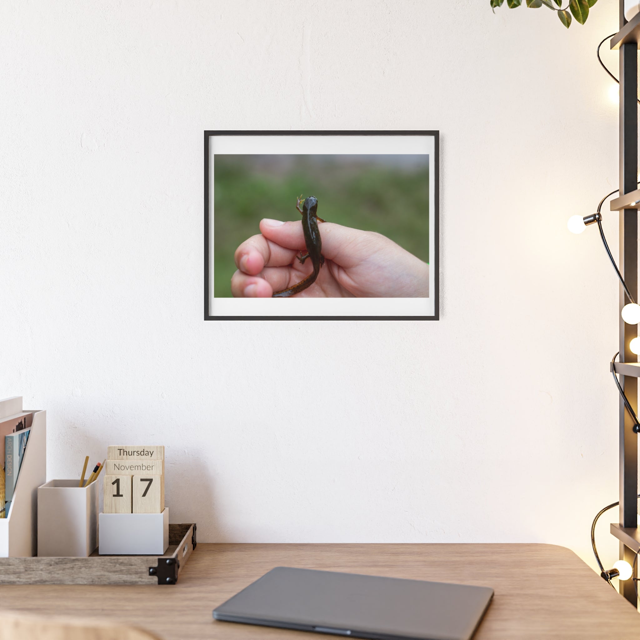 Framed Wildlife Photo Poster — Child Holding Newt