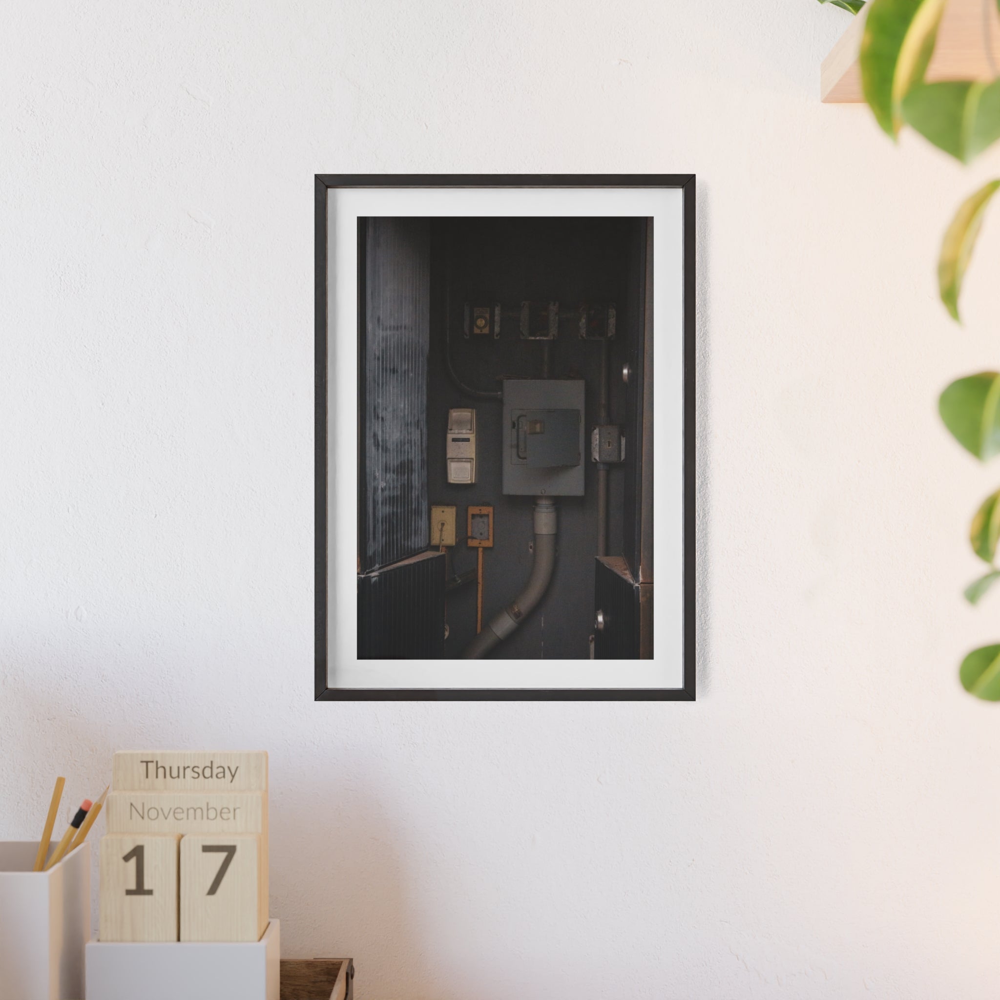 Industrial Electrical Box Poster with Wooden Frame — Urban Utility Wall Art
