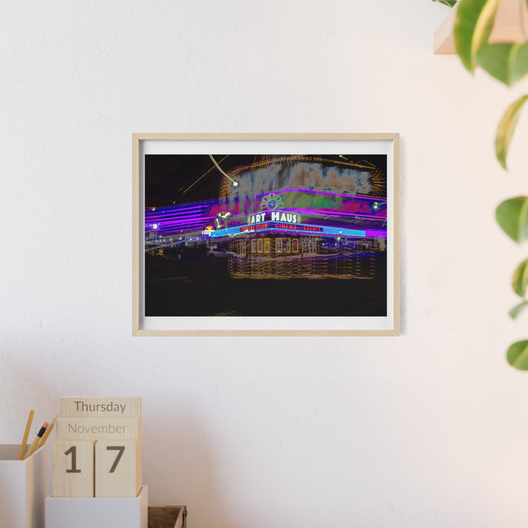 Neon Night Cinema Poster with Wooden Frame