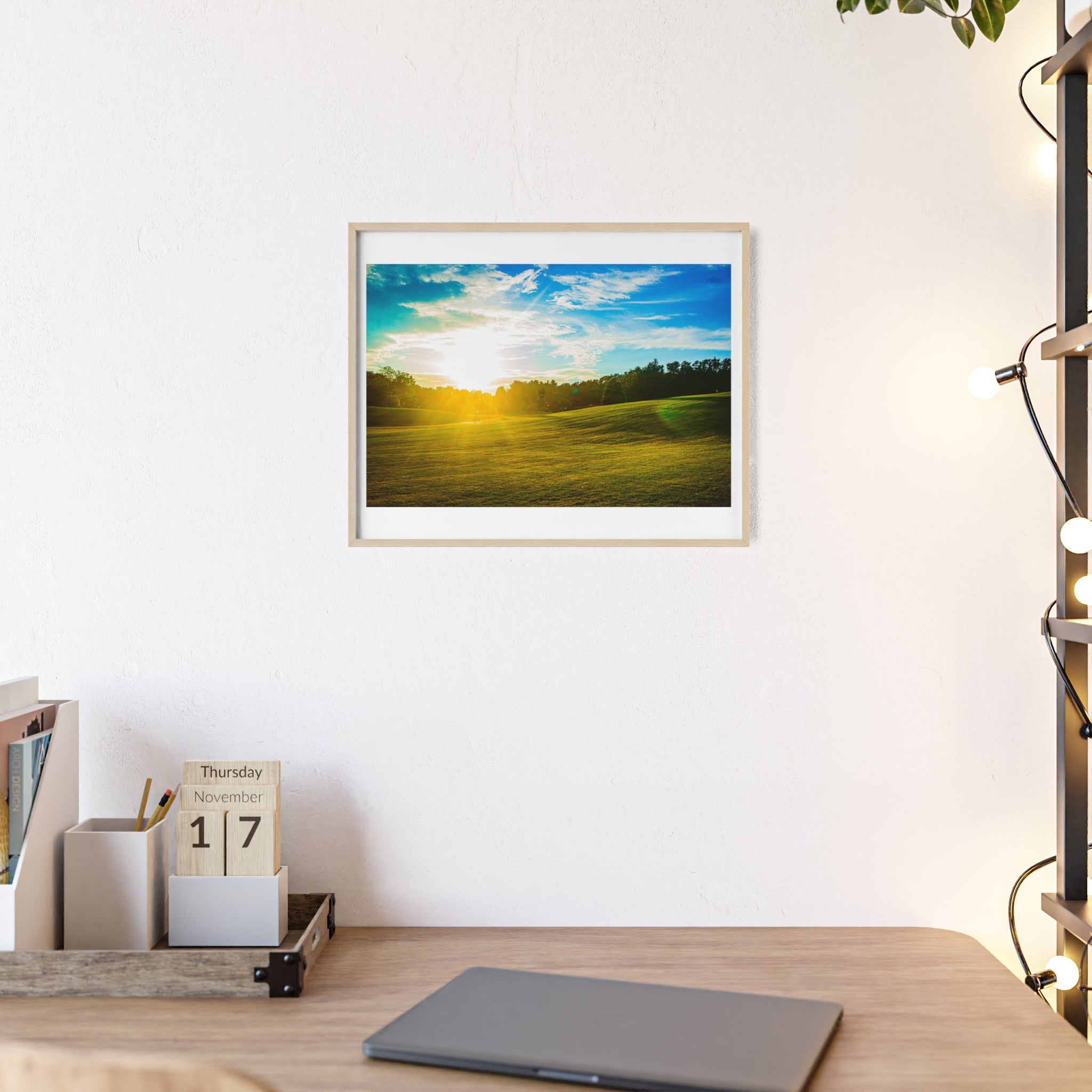 Sunlit Meadow Poster with Wooden Frame — Landscape Wall Art Print