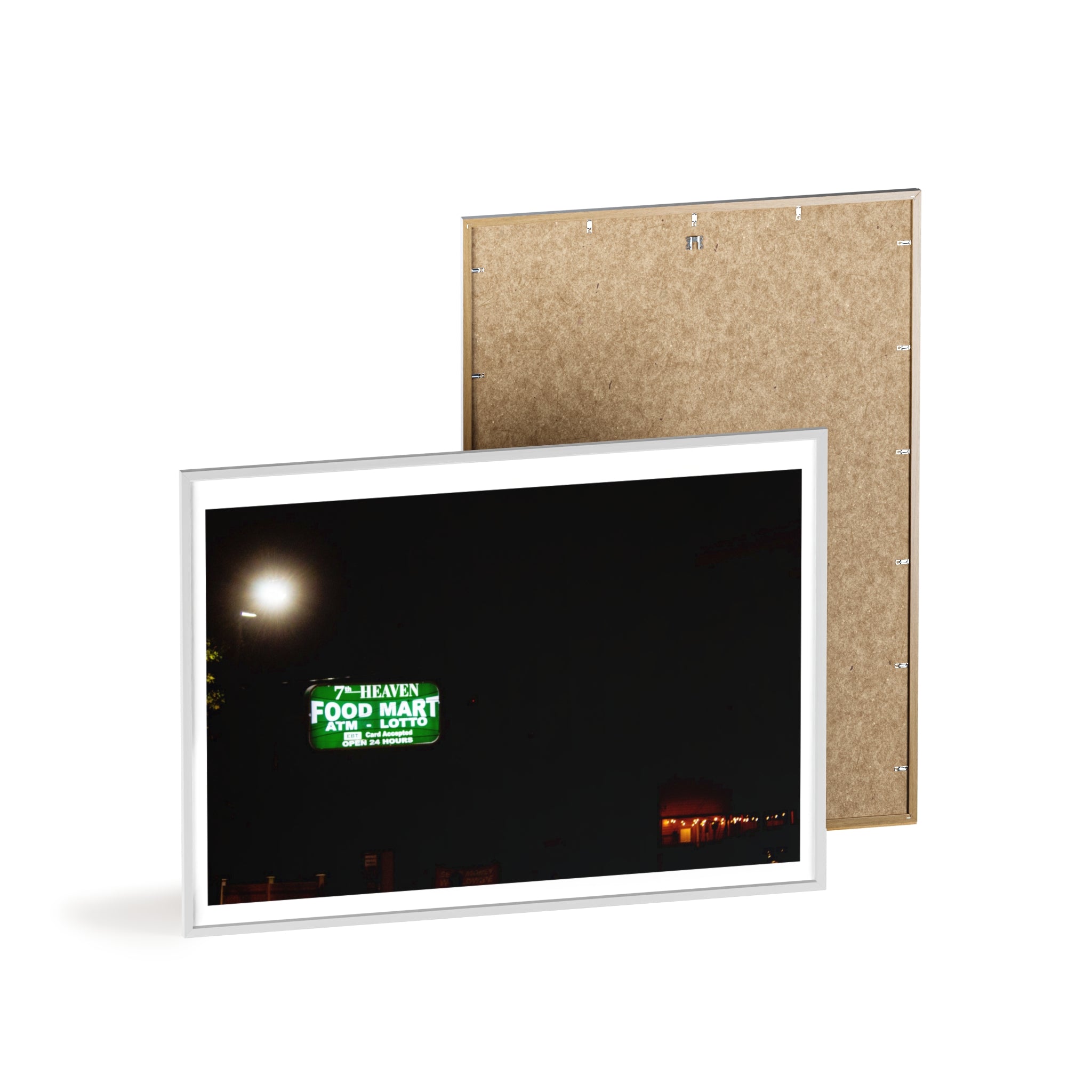 Framed Night Market Photo Print — 'Food Mart' Neon Sign Poster
