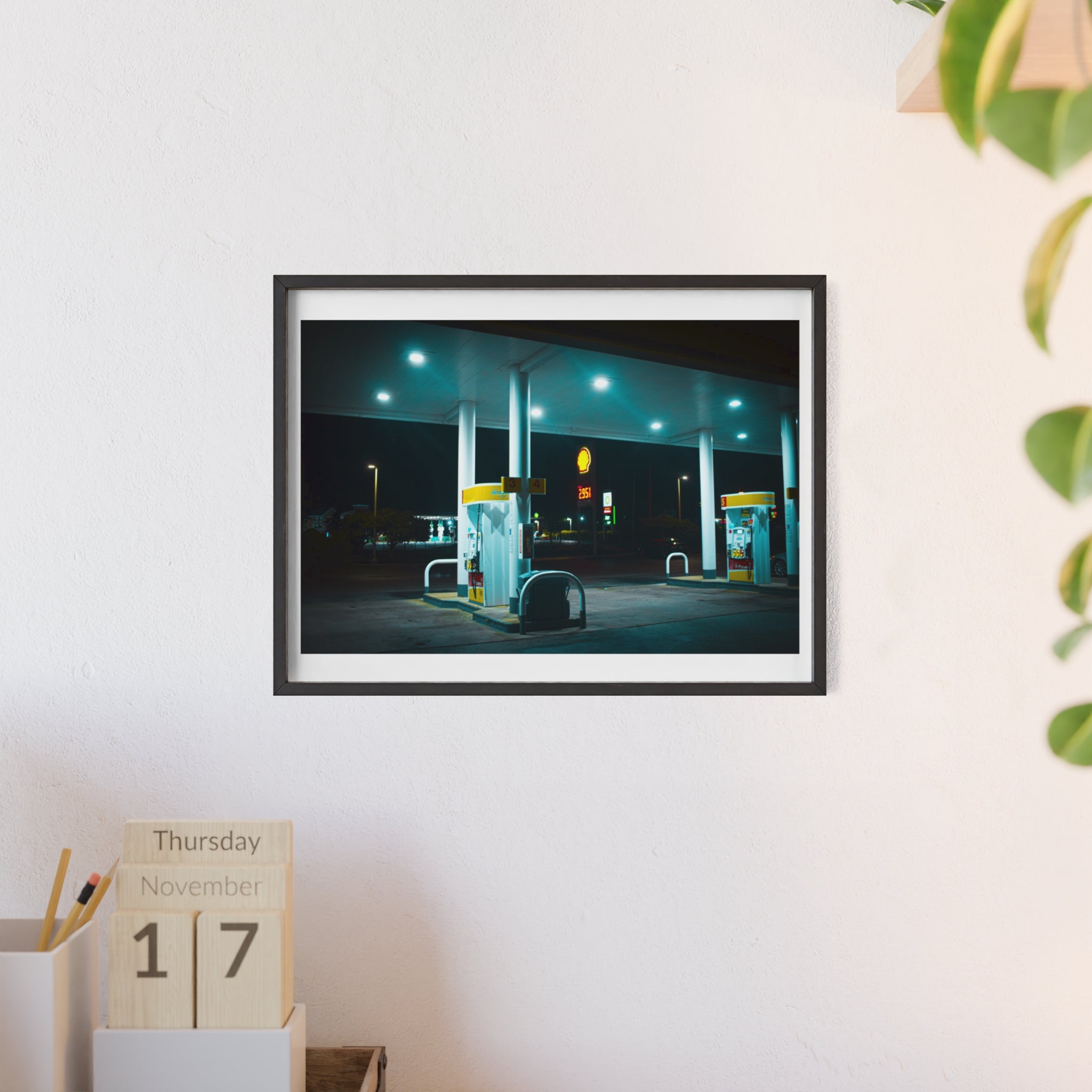 Framed Night Gas Station Poster — Moody Neon Metro Wall Art