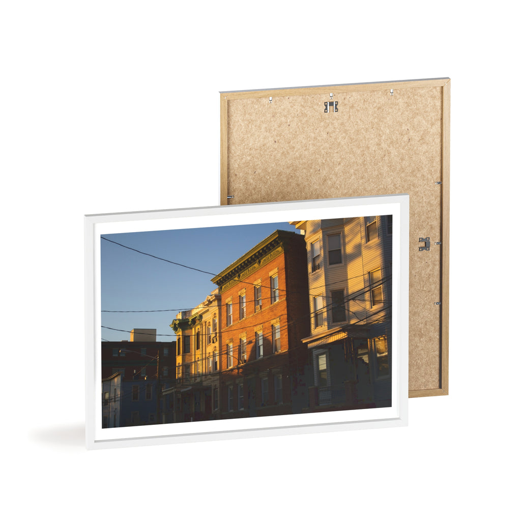 Framed Urban Rowhouse Print — Golden Hour City Street Wall Art Poster