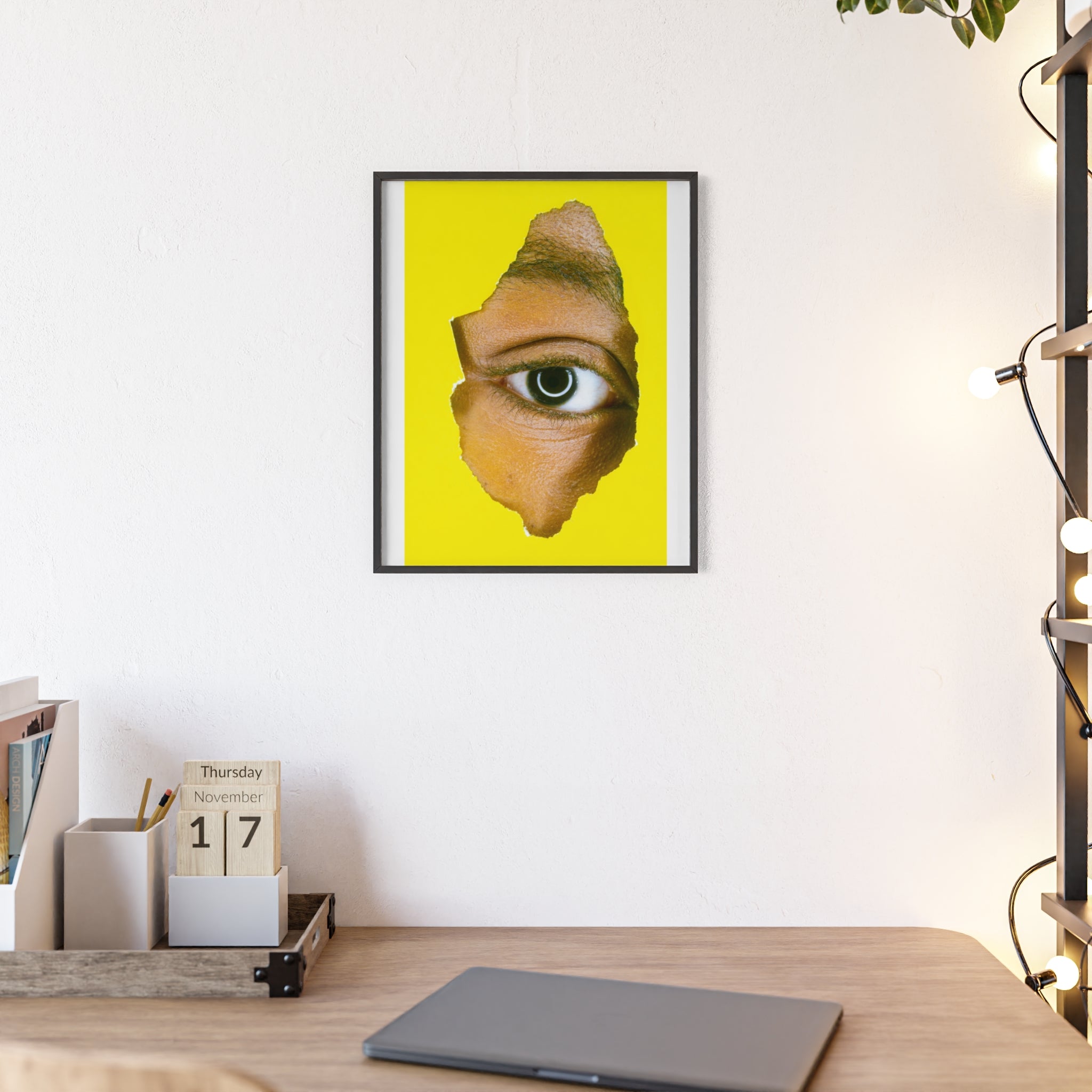 Surreal Eye Print Poster with Wooden Frame — Bold Yellow Wall Art