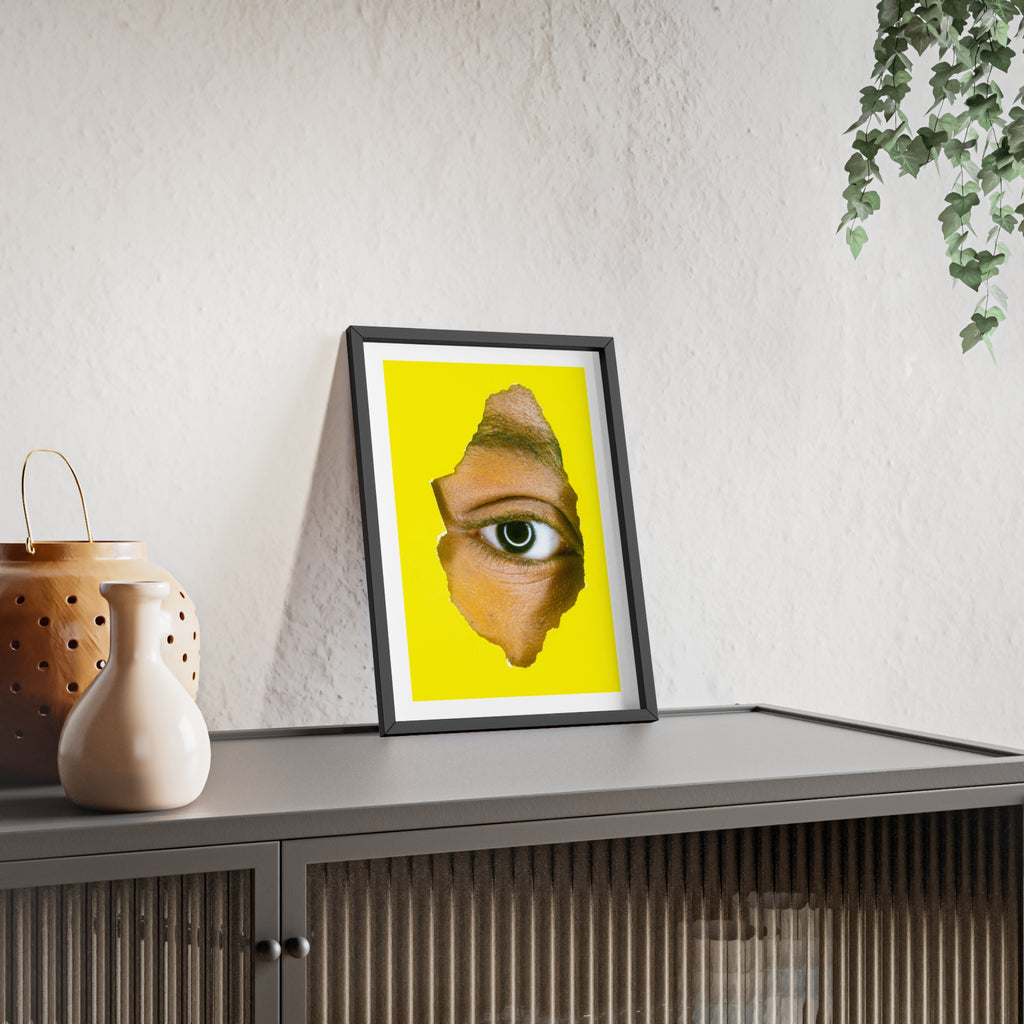 Surreal Eye Print Poster with Wooden Frame — Bold Yellow Wall Art