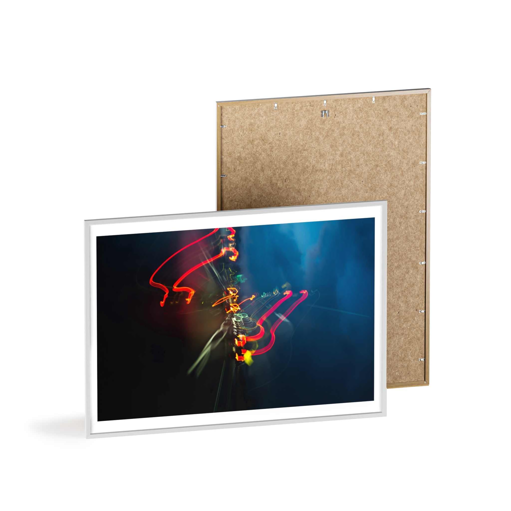 Abstract Light Trail Poster with Wooden Frame — Modern Neon Wall Art