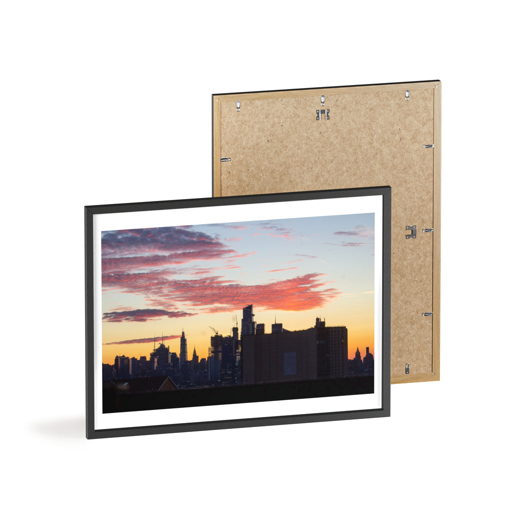 Framed City Skyline Poster — Sunset Urban Wall Art with Wooden Frame