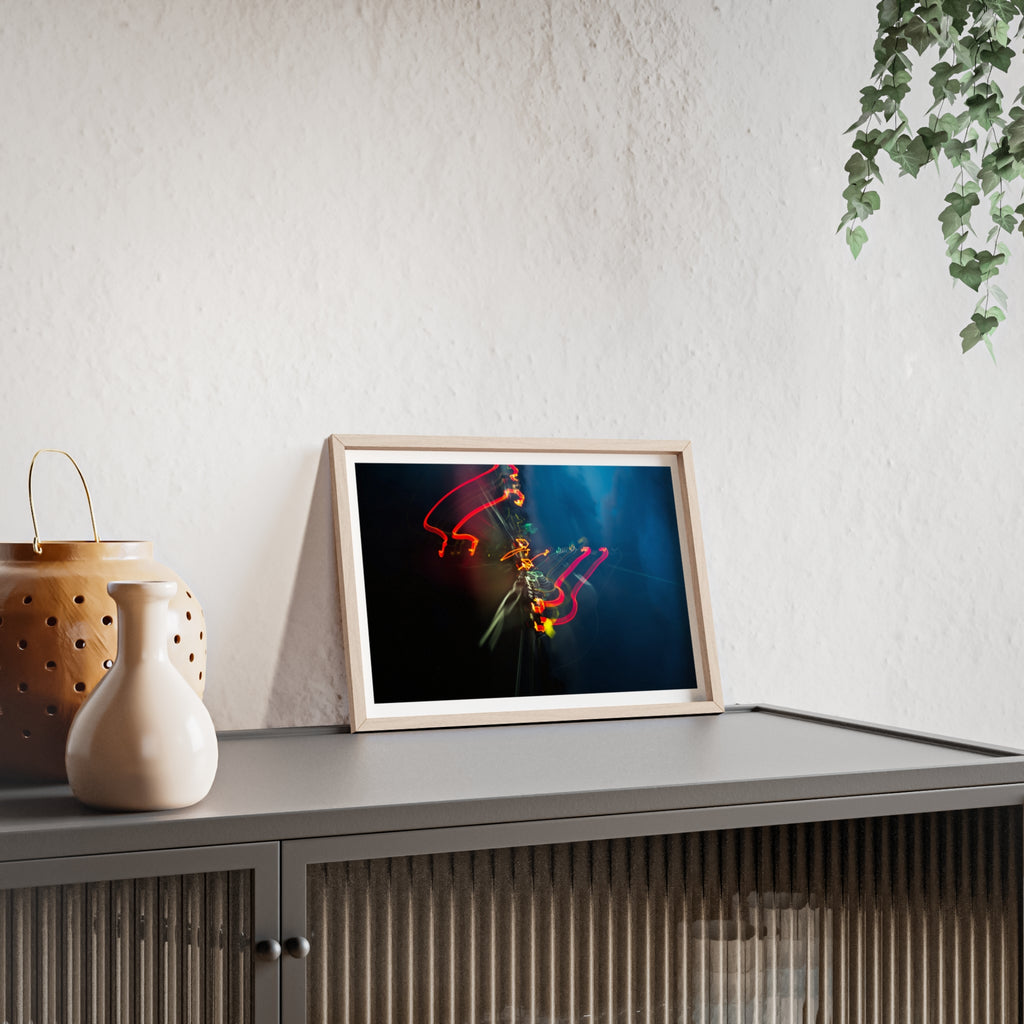 Abstract Light Trail Poster with Wooden Frame — Modern Neon Wall Art