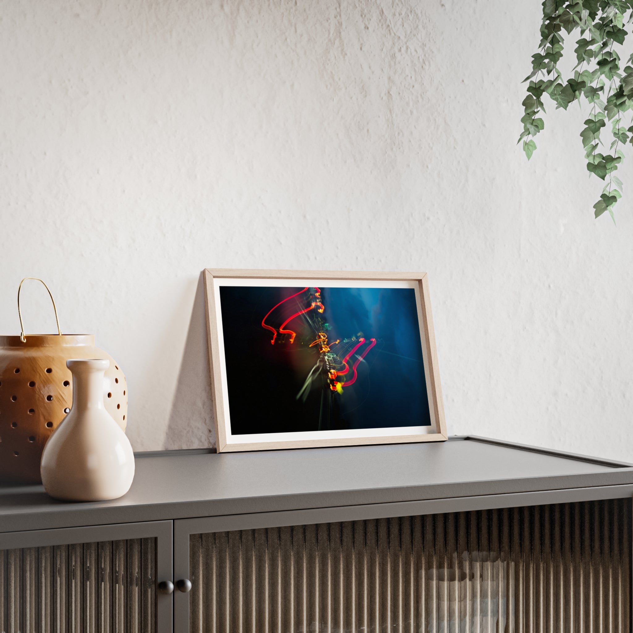 Abstract Light Trail Poster with Wooden Frame — Modern Neon Wall Art