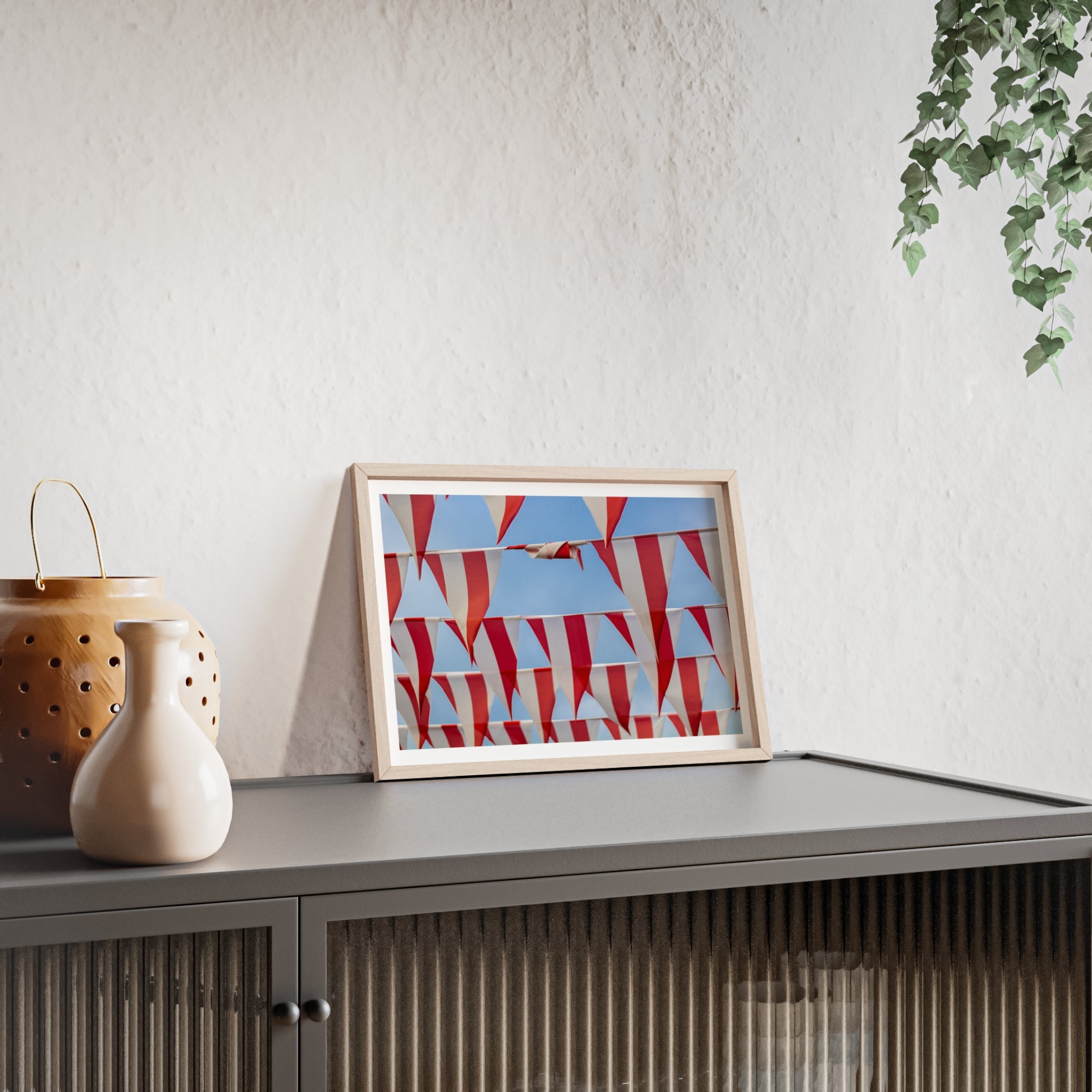 Red and White Festival Bunting Photo Poster with Wooden Frame — Coastal Nautical Wall Art
