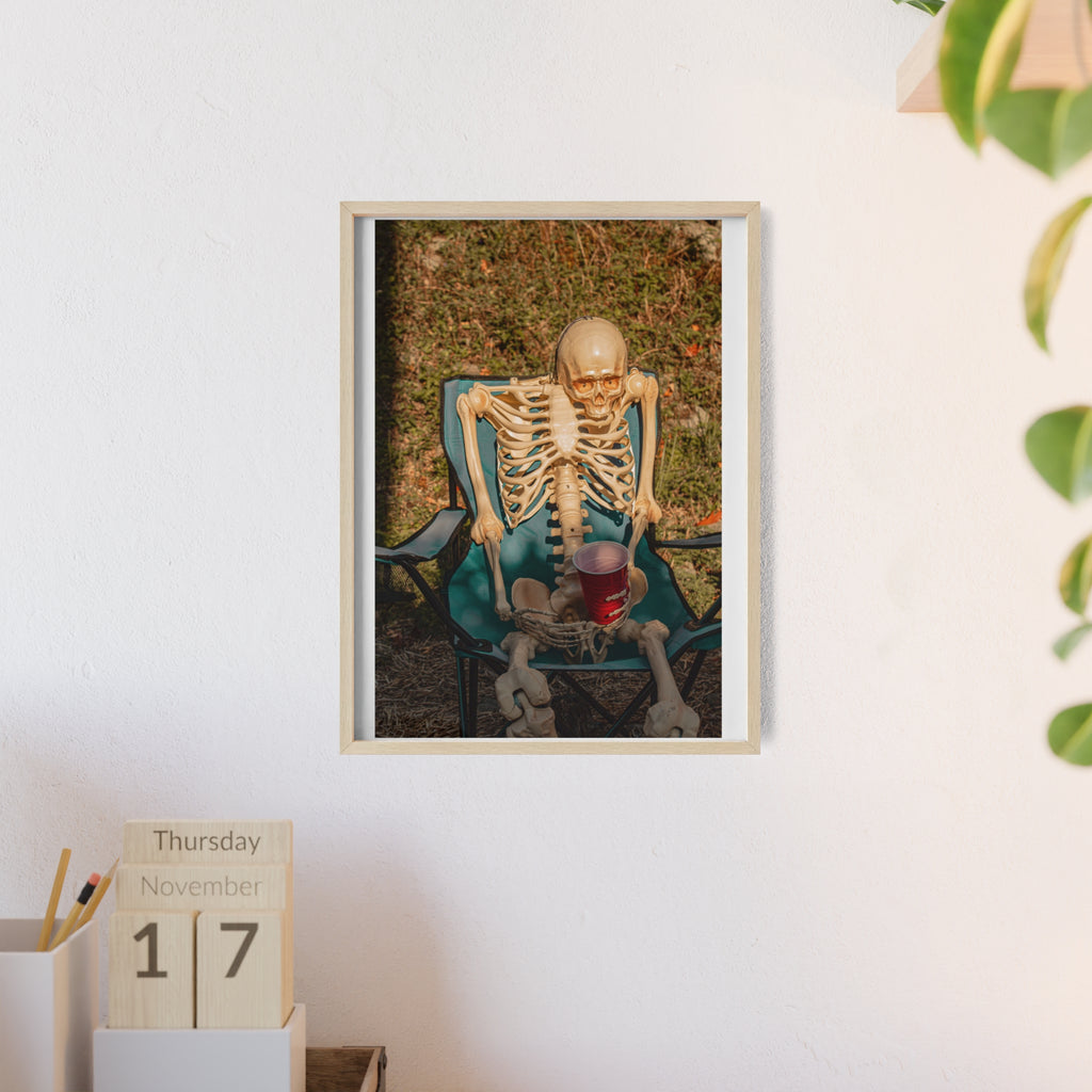 Skeleton Relaxing Poster with Wooden Frame — Funny Halloween Wall Art
