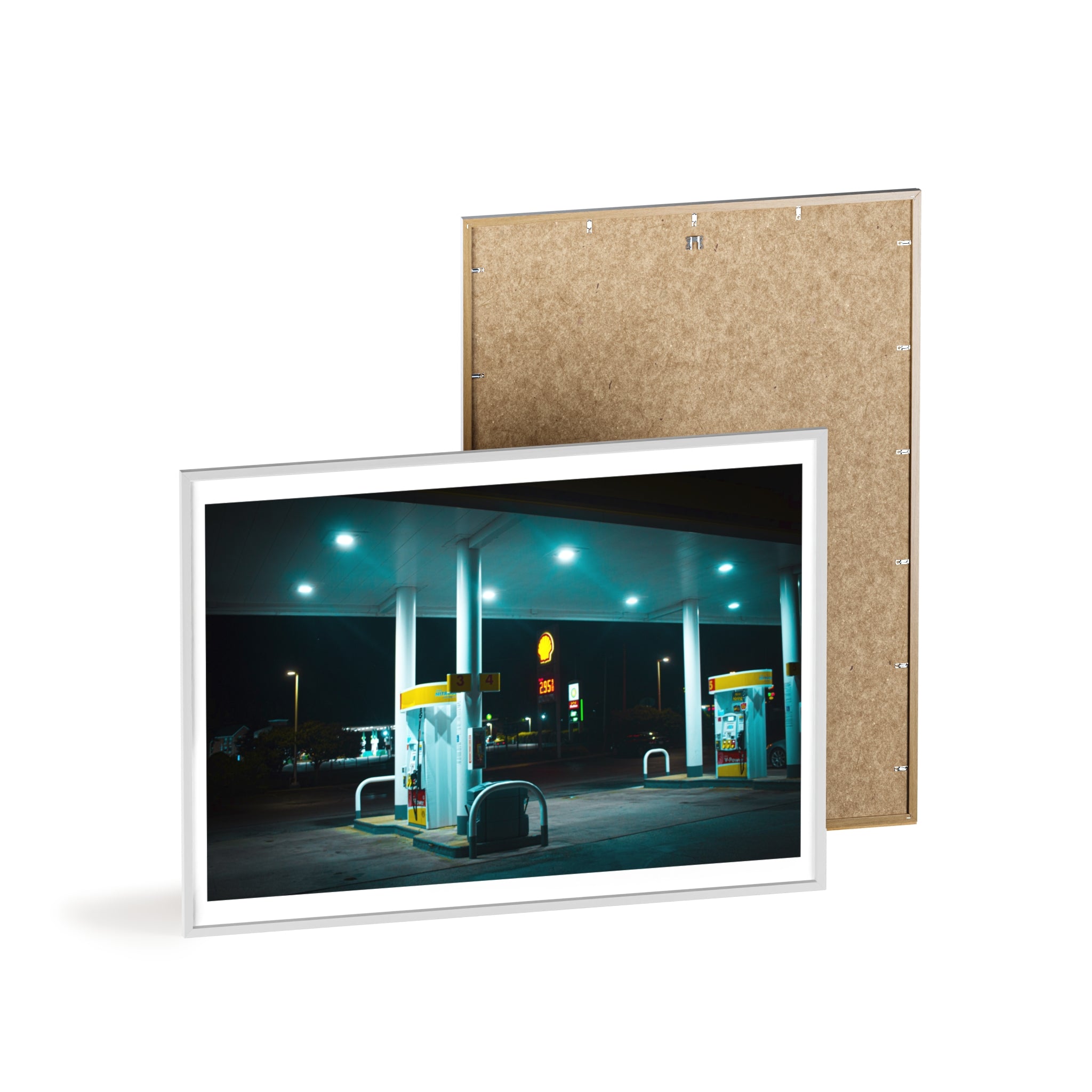 Framed Night Gas Station Poster — Moody Neon Metro Wall Art