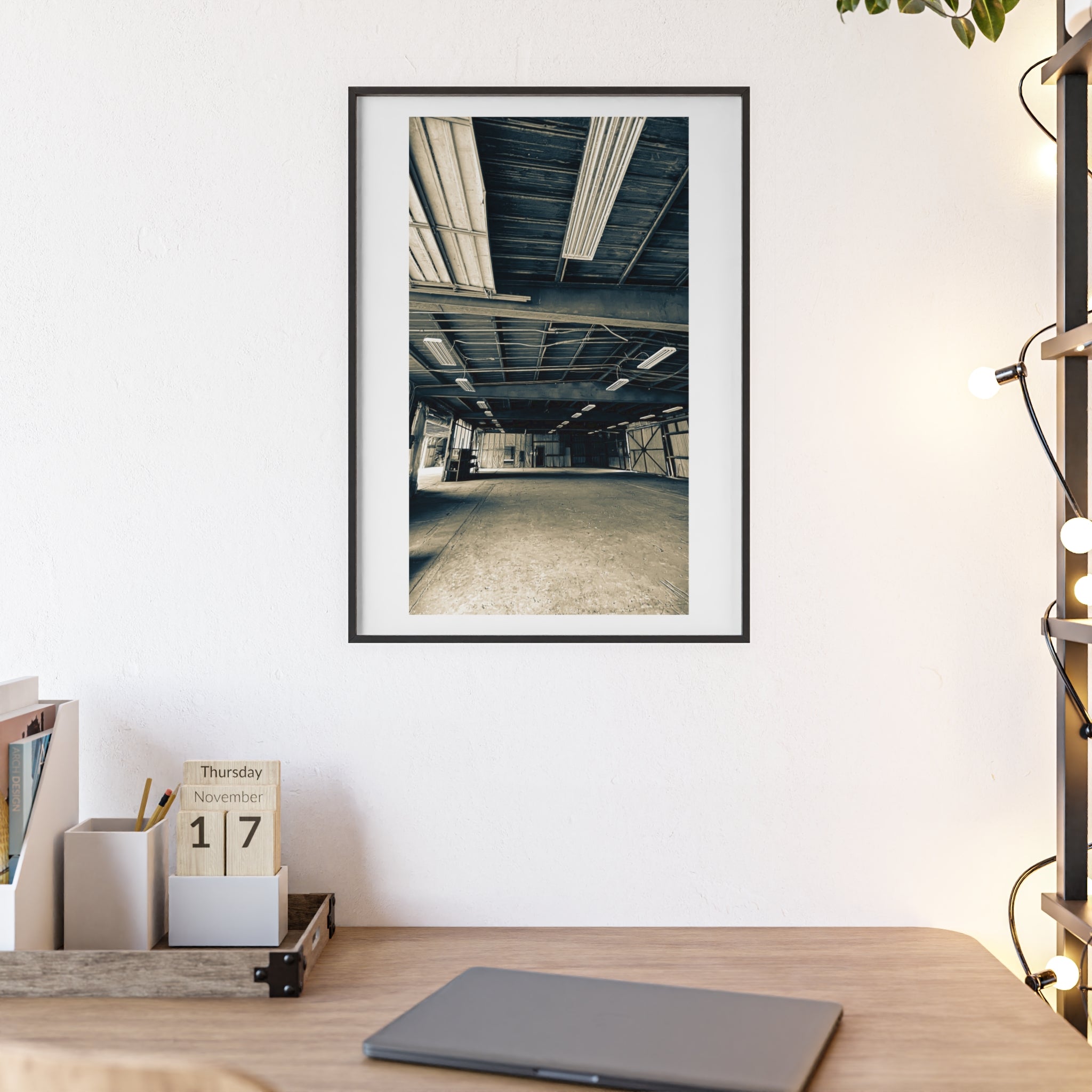Industrial Warehouse Photo Poster with Wooden Frame — Vintage Urban Wall Art
