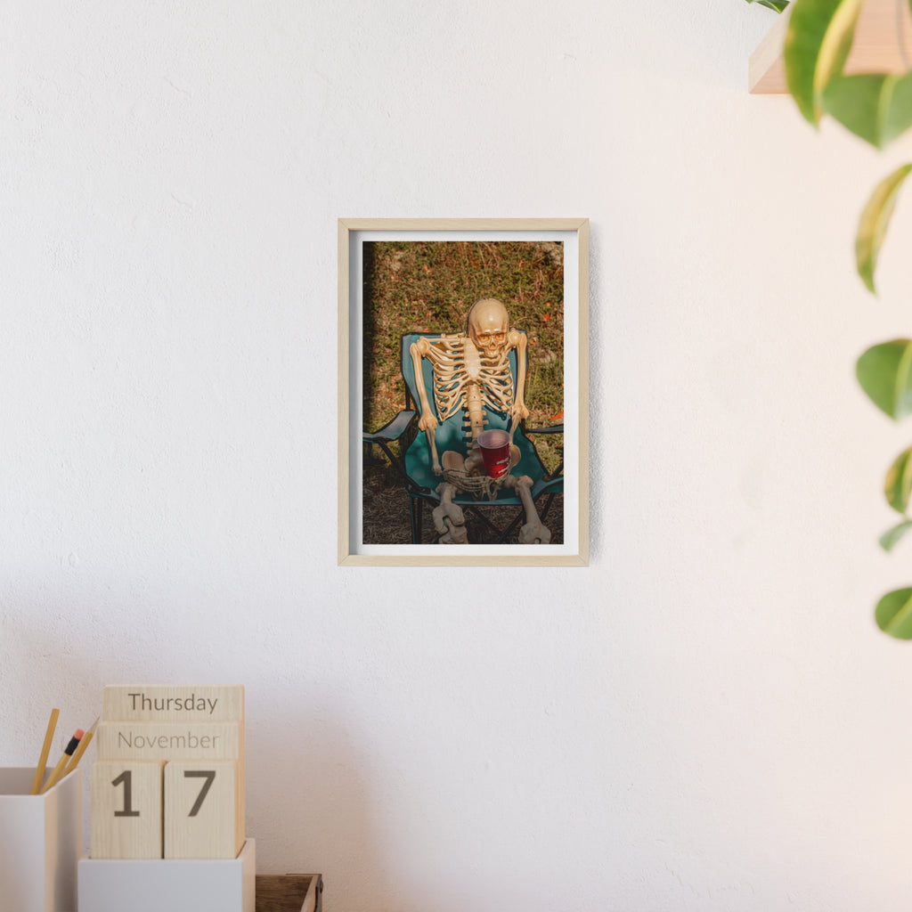 Skeleton Relaxing Poster with Wooden Frame — Funny Halloween Wall Art