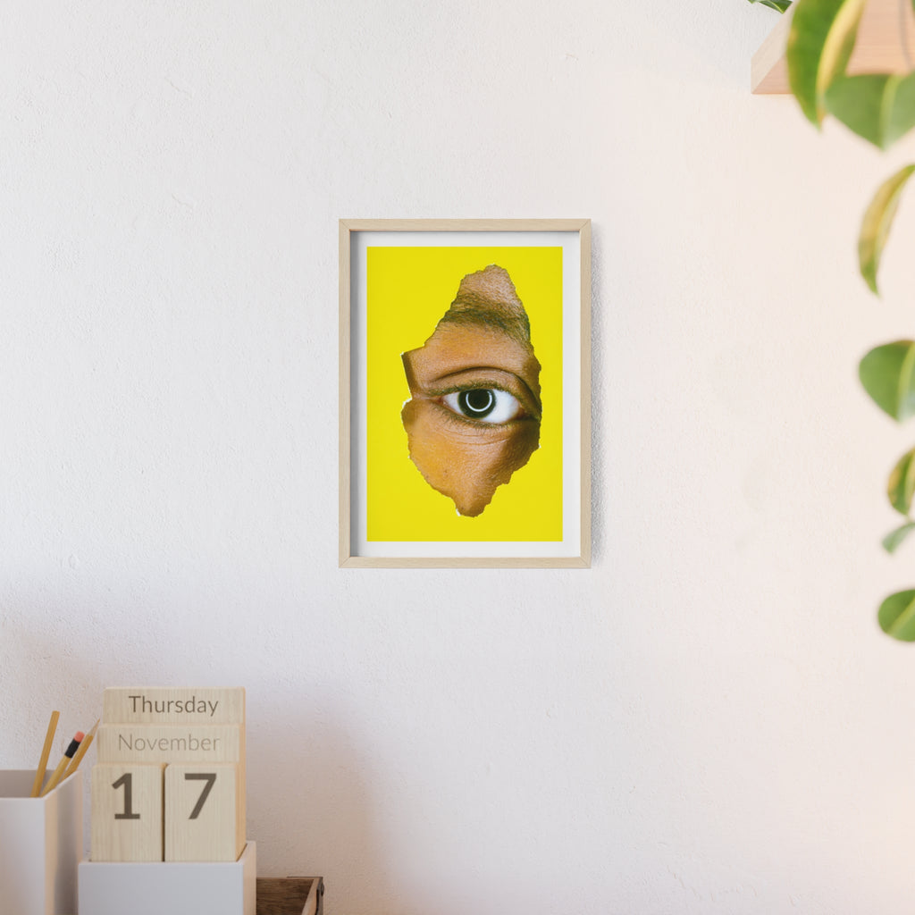 Surreal Eye Print Poster with Wooden Frame — Bold Yellow Wall Art