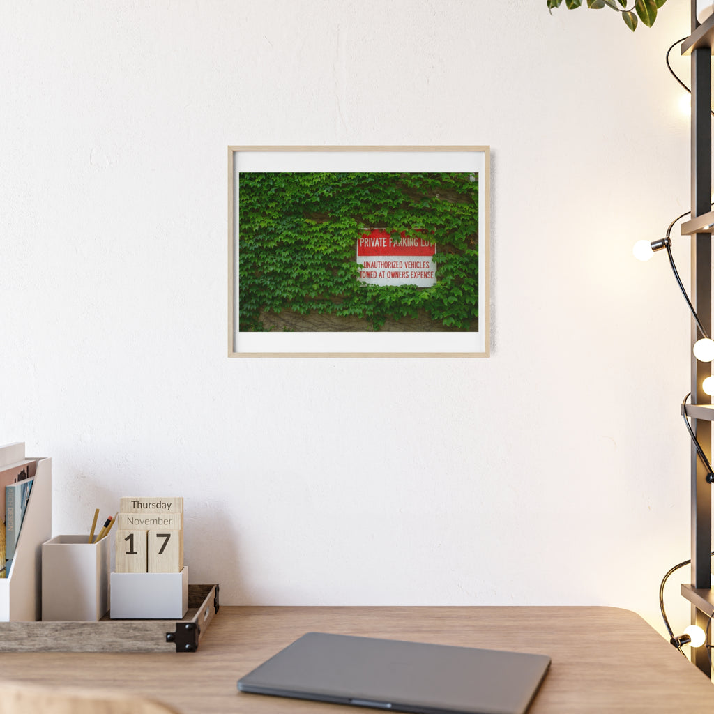 Ivy-Covered Wall Poster with Wooden Frame — “Private Parking” Vintage Sign Art