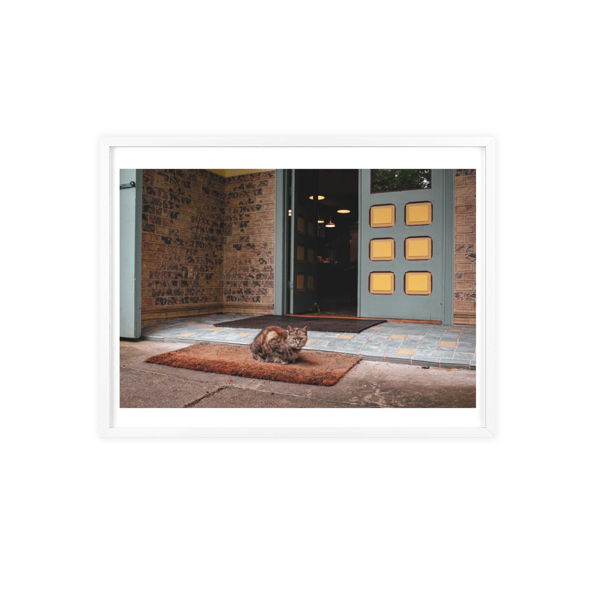 Framed Cat Doorstep Poster — Cozy Urban Entryway Wall Art