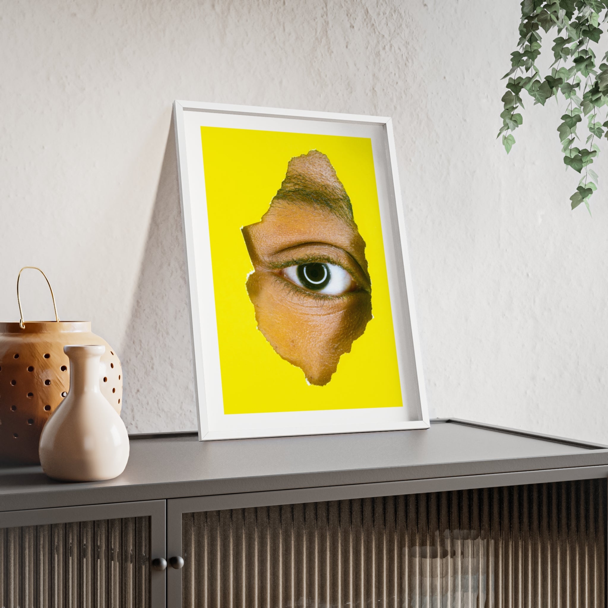 Surreal Eye Print Poster with Wooden Frame — Bold Yellow Wall Art