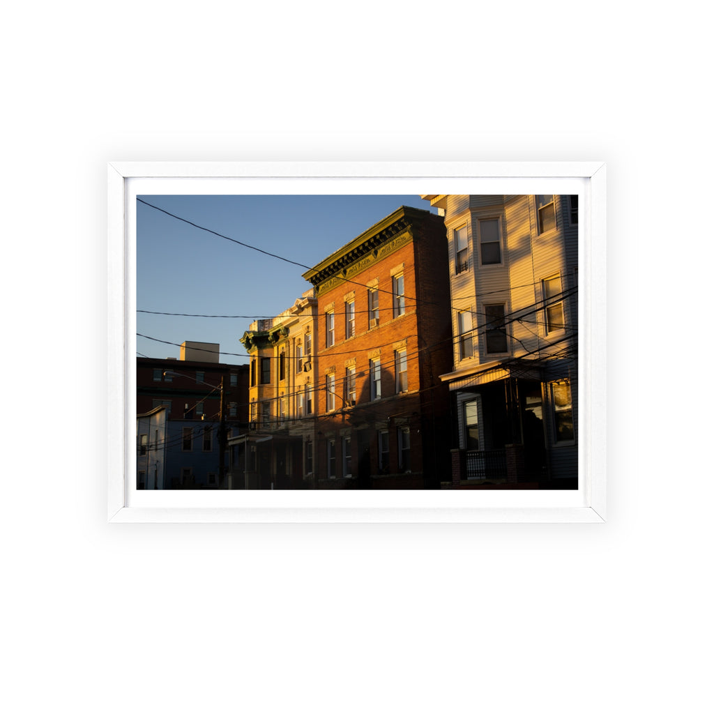 Framed Urban Rowhouse Print — Golden Hour City Street Wall Art Poster