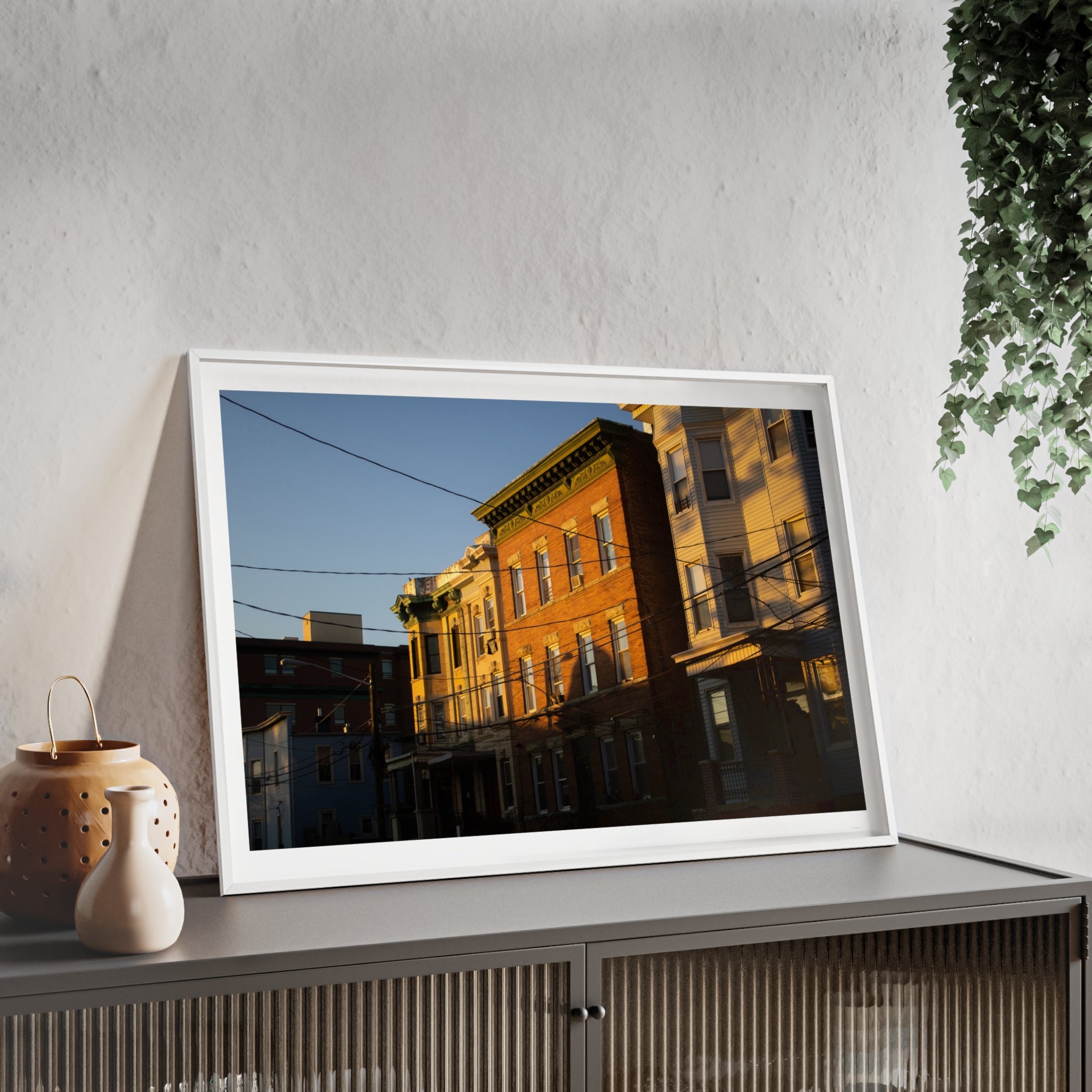 Framed Urban Rowhouse Print — Golden Hour City Street Wall Art Poster