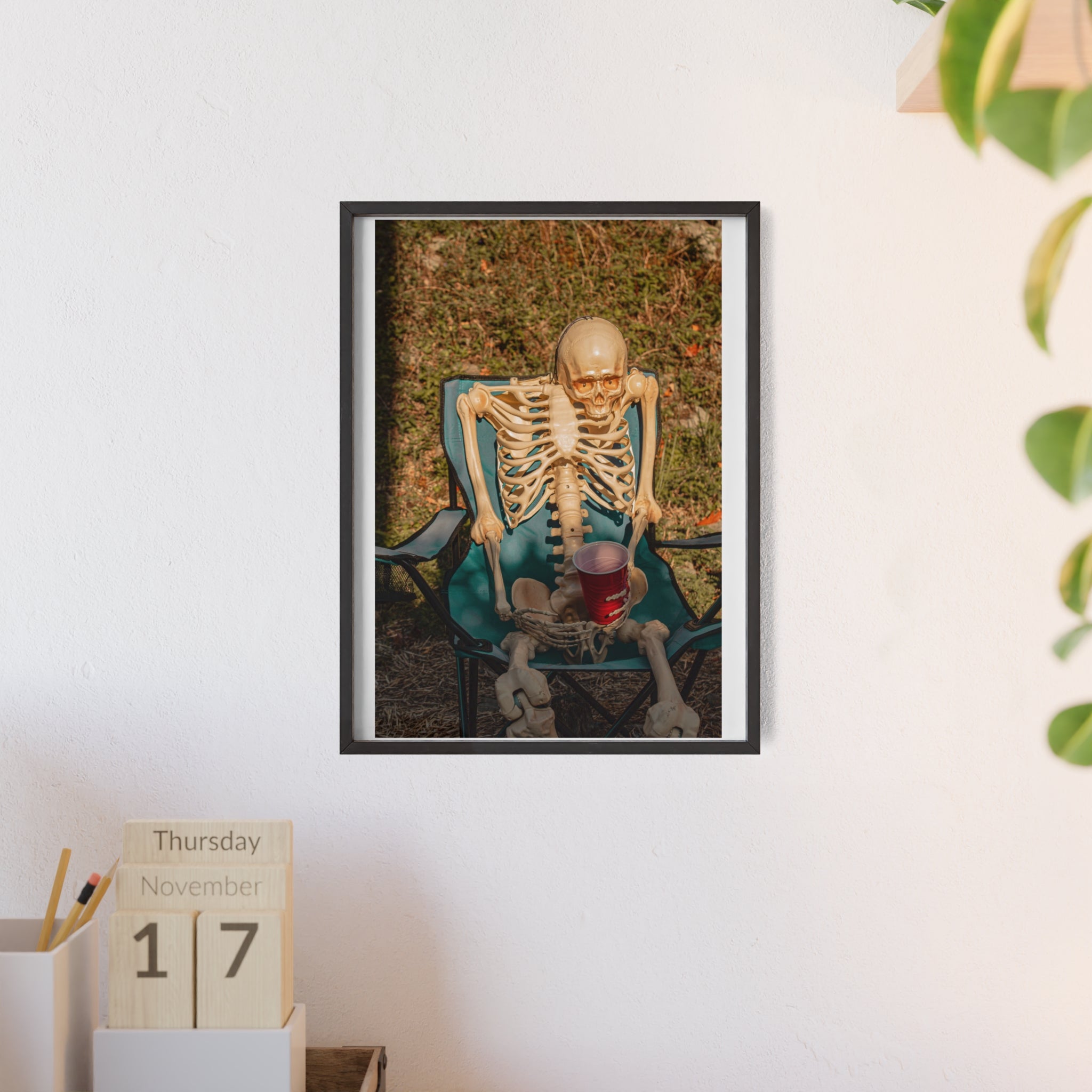 Skeleton Relaxing Poster with Wooden Frame — Funny Halloween Wall Art