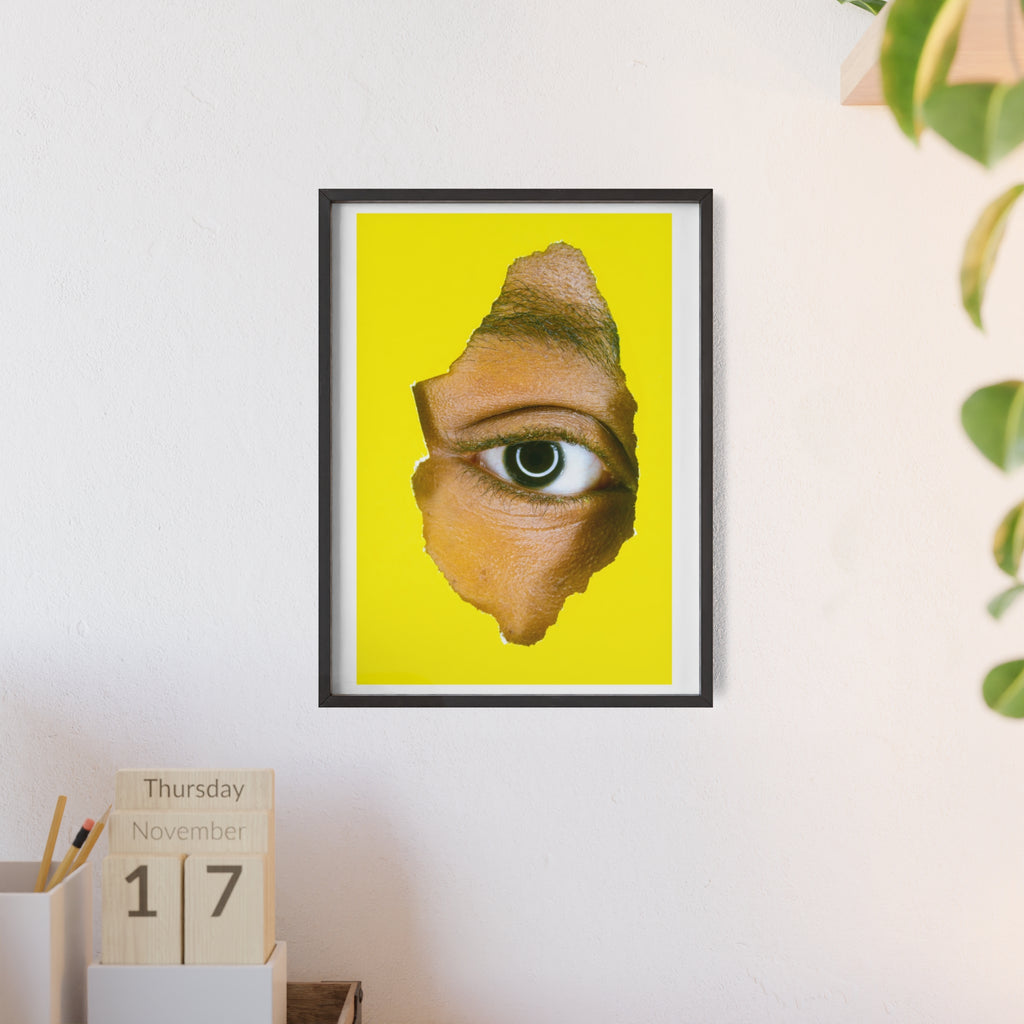 Surreal Eye Print Poster with Wooden Frame — Bold Yellow Wall Art
