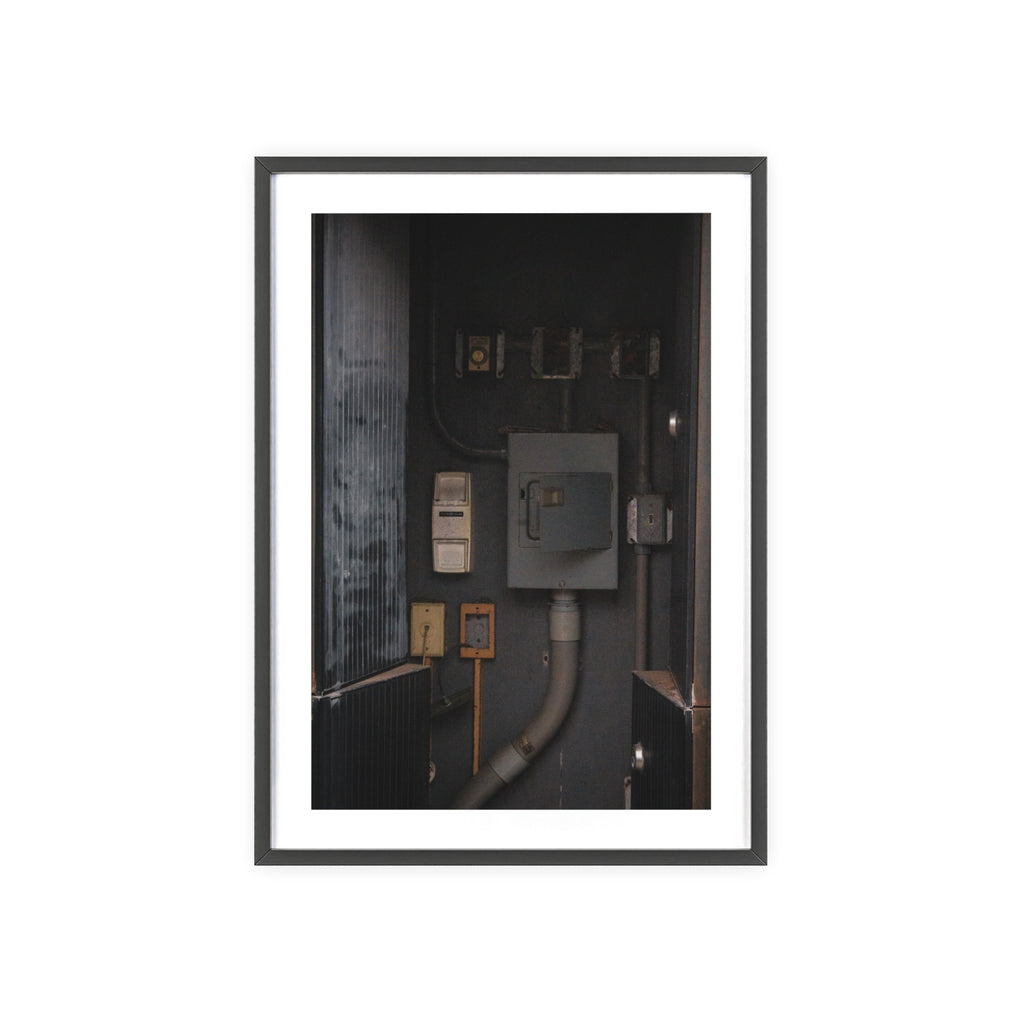 Industrial Electrical Box Poster with Wooden Frame — Urban Utility Wall Art