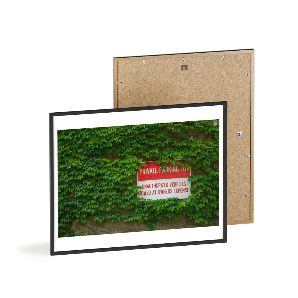 Ivy-Covered Wall Poster with Wooden Frame — “Private Parking” Vintage Sign Art