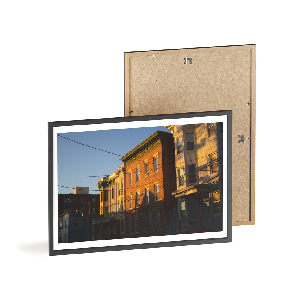 Framed Urban Rowhouse Print — Golden Hour City Street Wall Art Poster