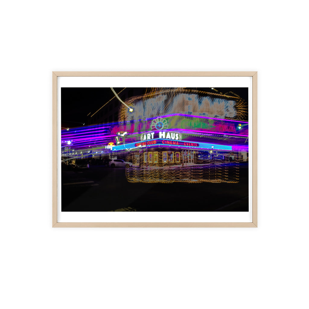 Neon Night Cinema Poster with Wooden Frame
