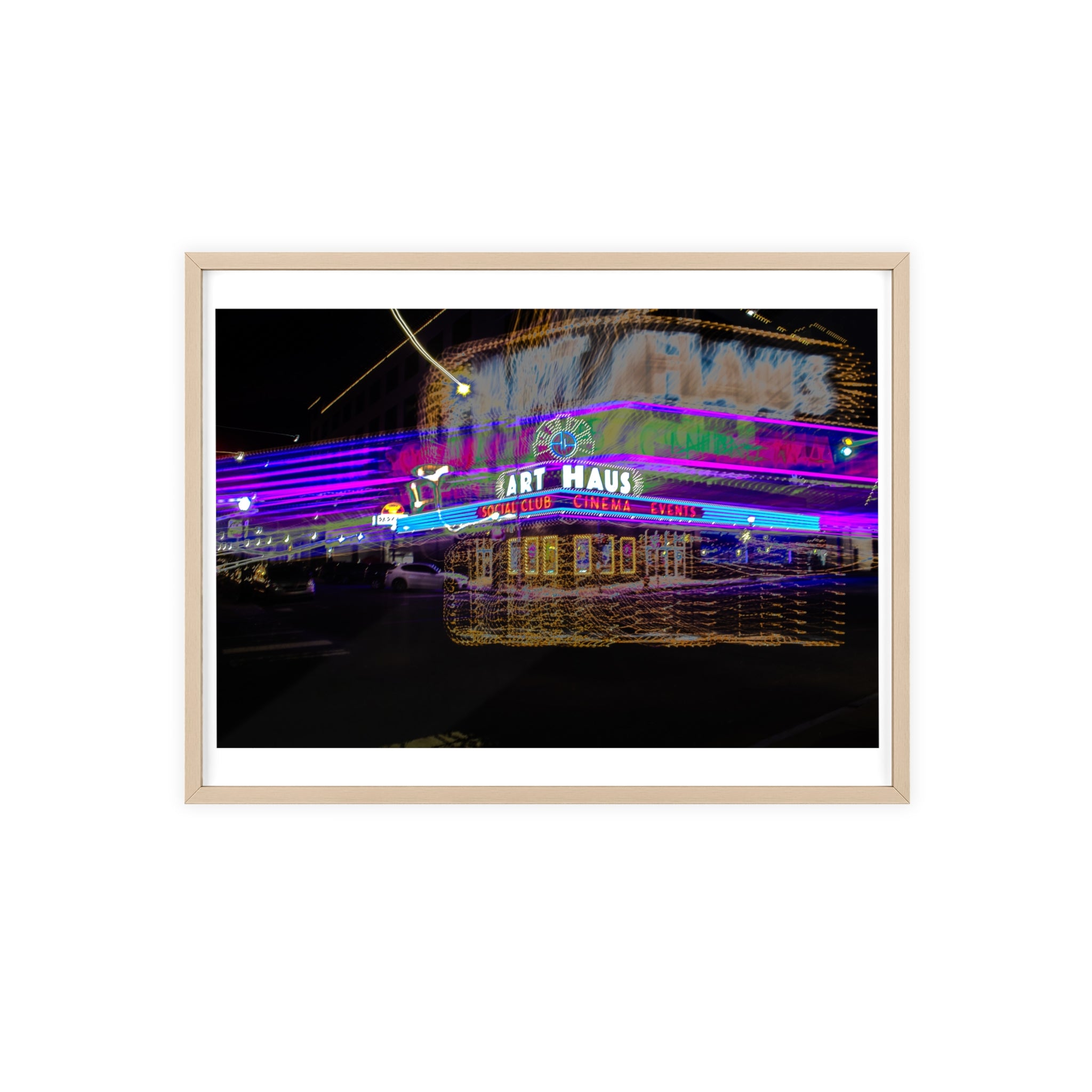 Neon Night Cinema Poster with Wooden Frame
