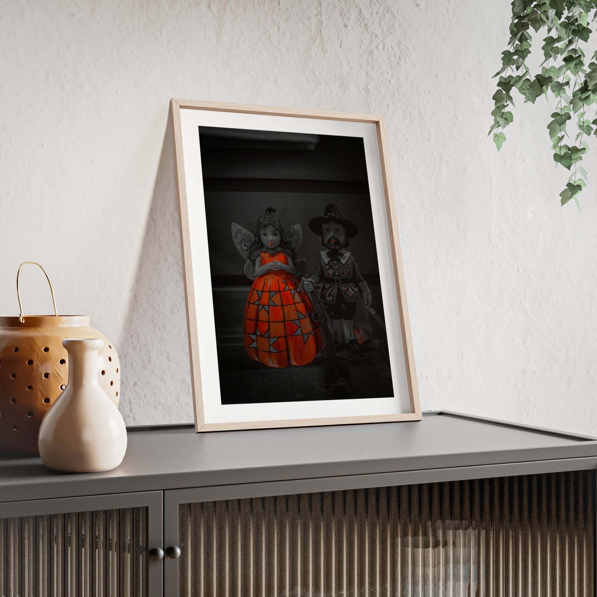 Halloween Doll Poster with Wooden Frame — Orange Pumpkin Dress Décor