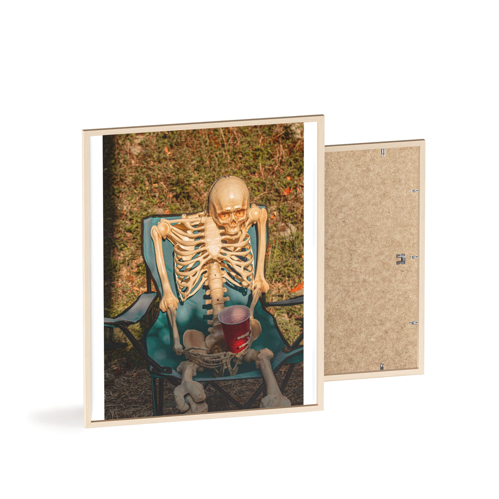 Skeleton Relaxing Poster with Wooden Frame — Funny Halloween Wall Art