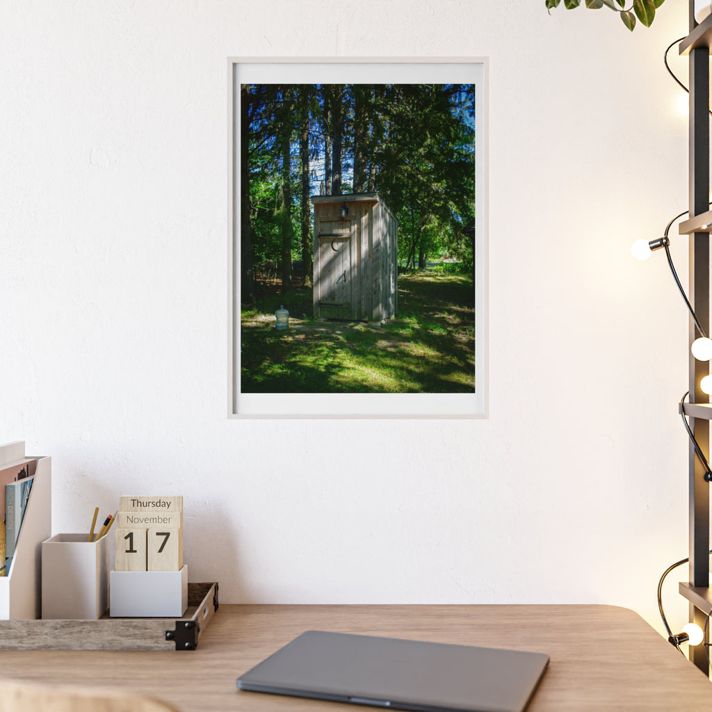 Rustic Forest Outhouse Photo Poster with Wooden Frame — Country Cabin Wall Art