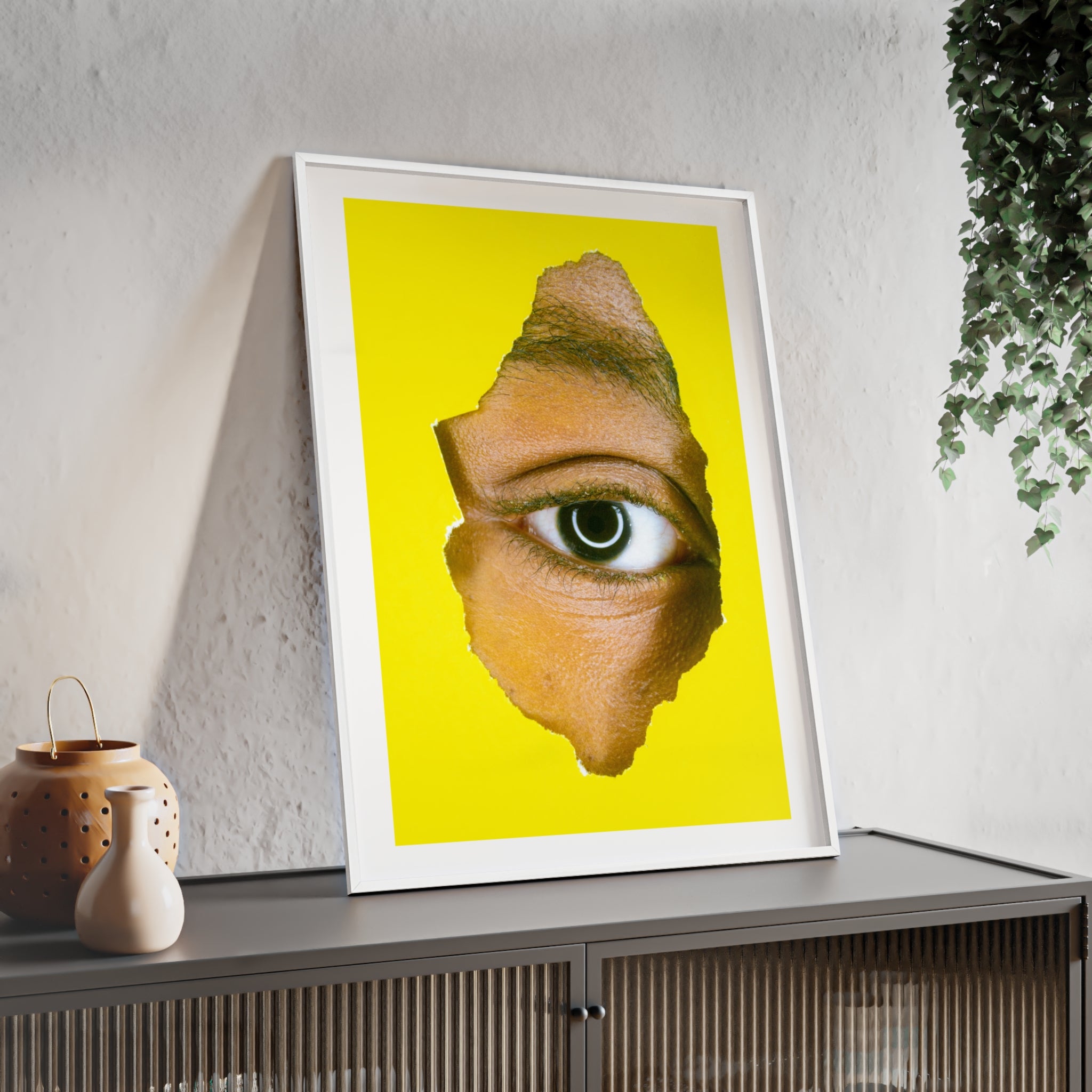 Surreal Eye Print Poster with Wooden Frame — Bold Yellow Wall Art