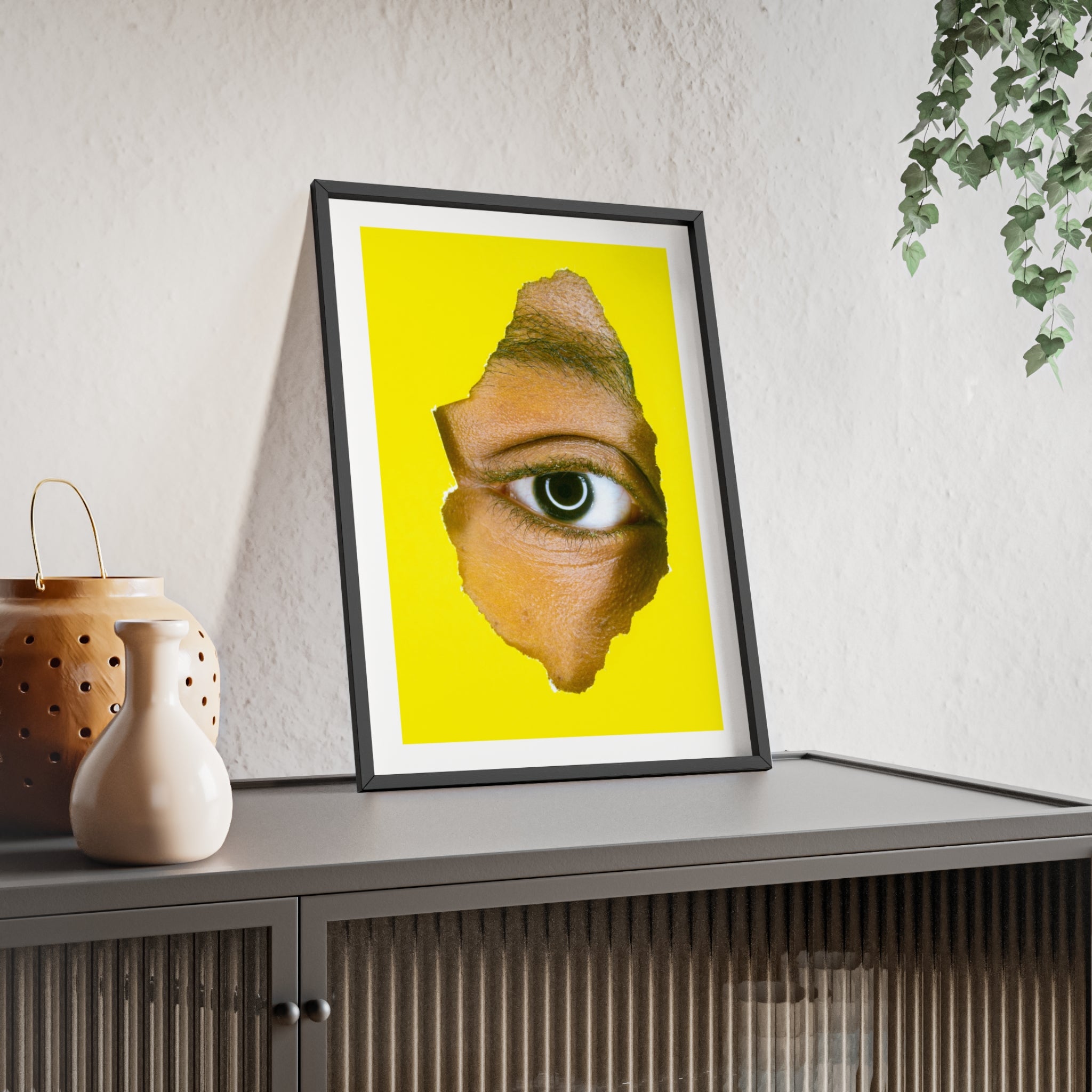 Surreal Eye Print Poster with Wooden Frame — Bold Yellow Wall Art