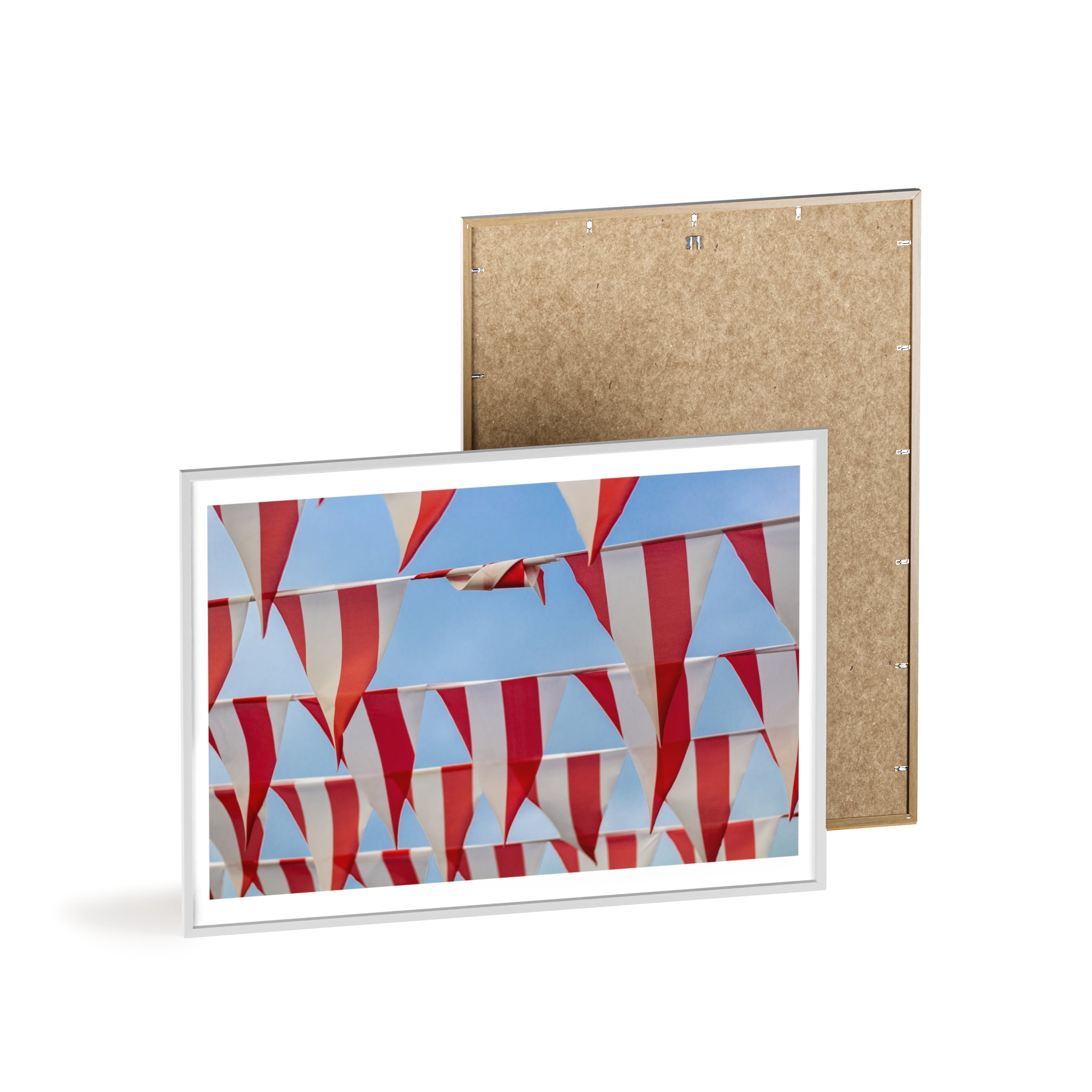 Red and White Festival Bunting Photo Poster with Wooden Frame — Coastal Nautical Wall Art