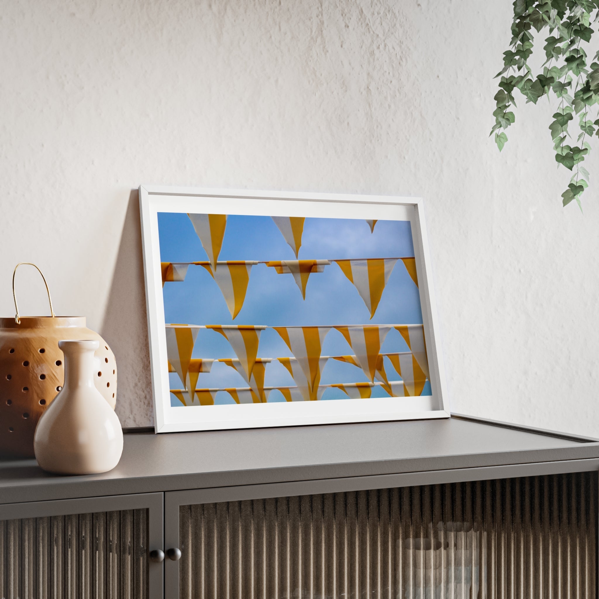 Yellow Bunting Photo Poster with Wooden Frame — Festive Beach Vibes Wall Art