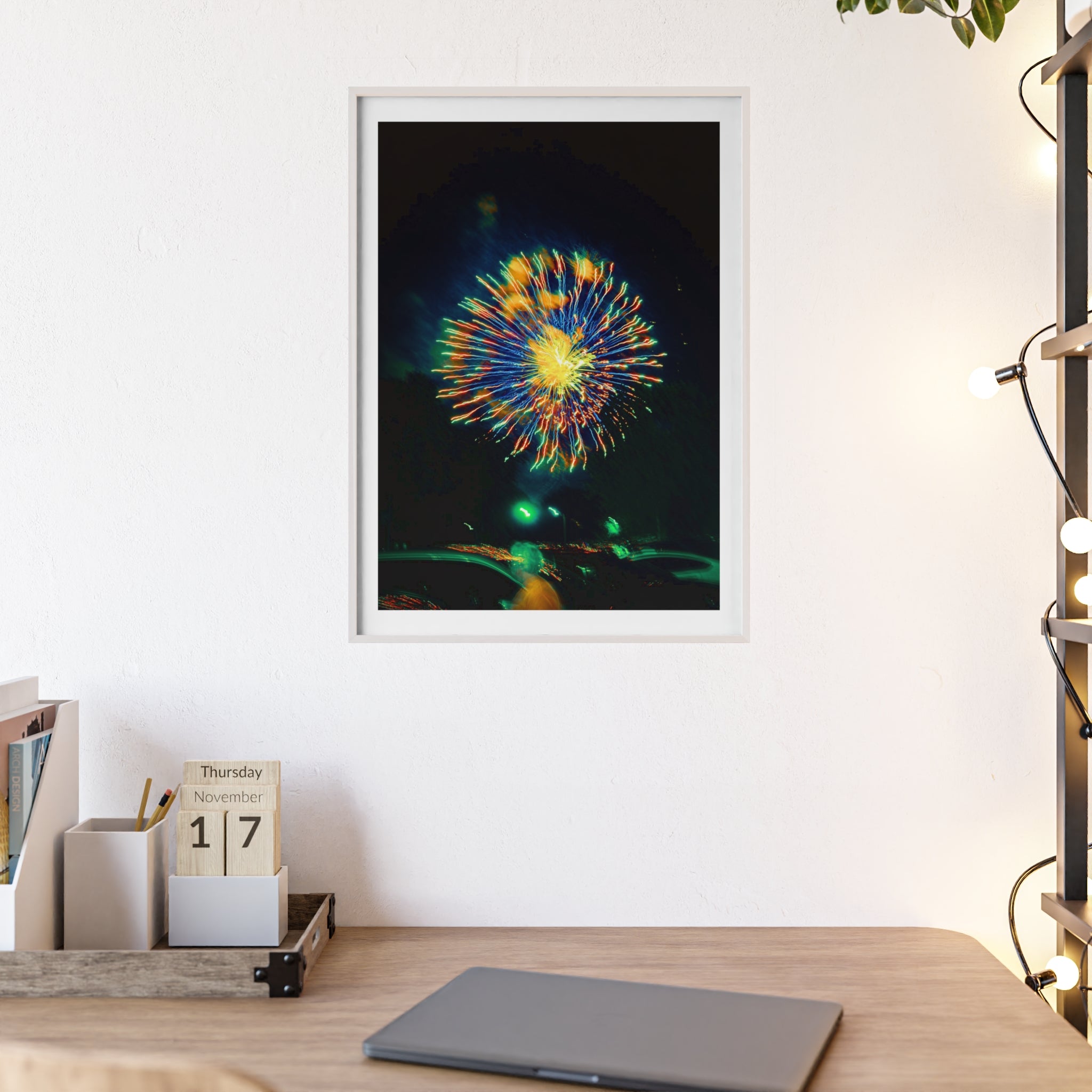 Framed Firework Art Print — Colorful Abstract Night Sky Poster with Wooden Frame