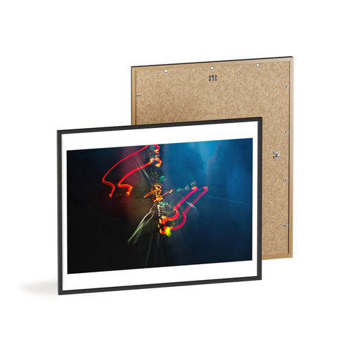 Abstract Light Trail Poster with Wooden Frame — Modern Neon Wall Art